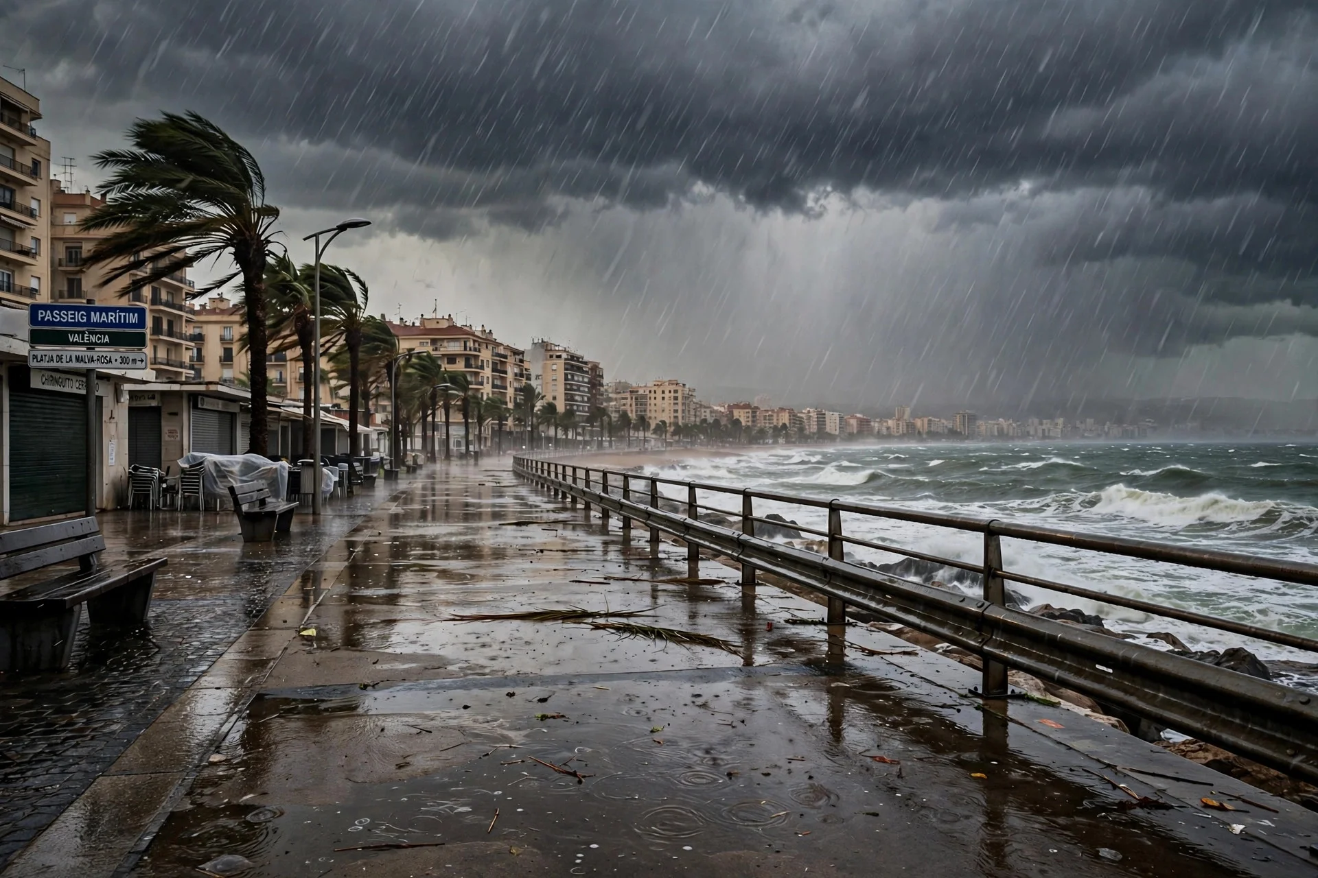 Paseo marítimo valenciano bajo lluvia intensa y mar agitado durante una tormenta mediterránea.