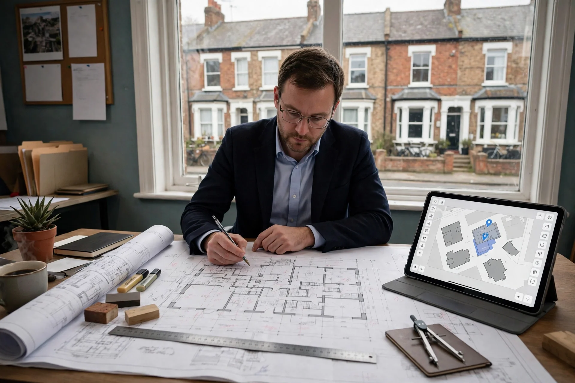 Funcionario de planificación revisando los planos de una ampliación de vivienda con apoyo de una tableta digital