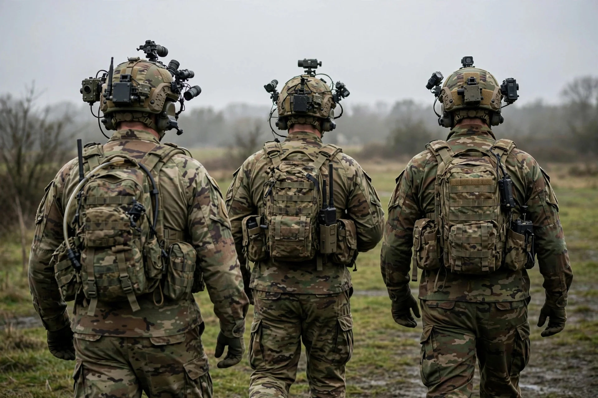 Soldiers in camouflage seen from behind during training, wearing helmets with mounted equipment
