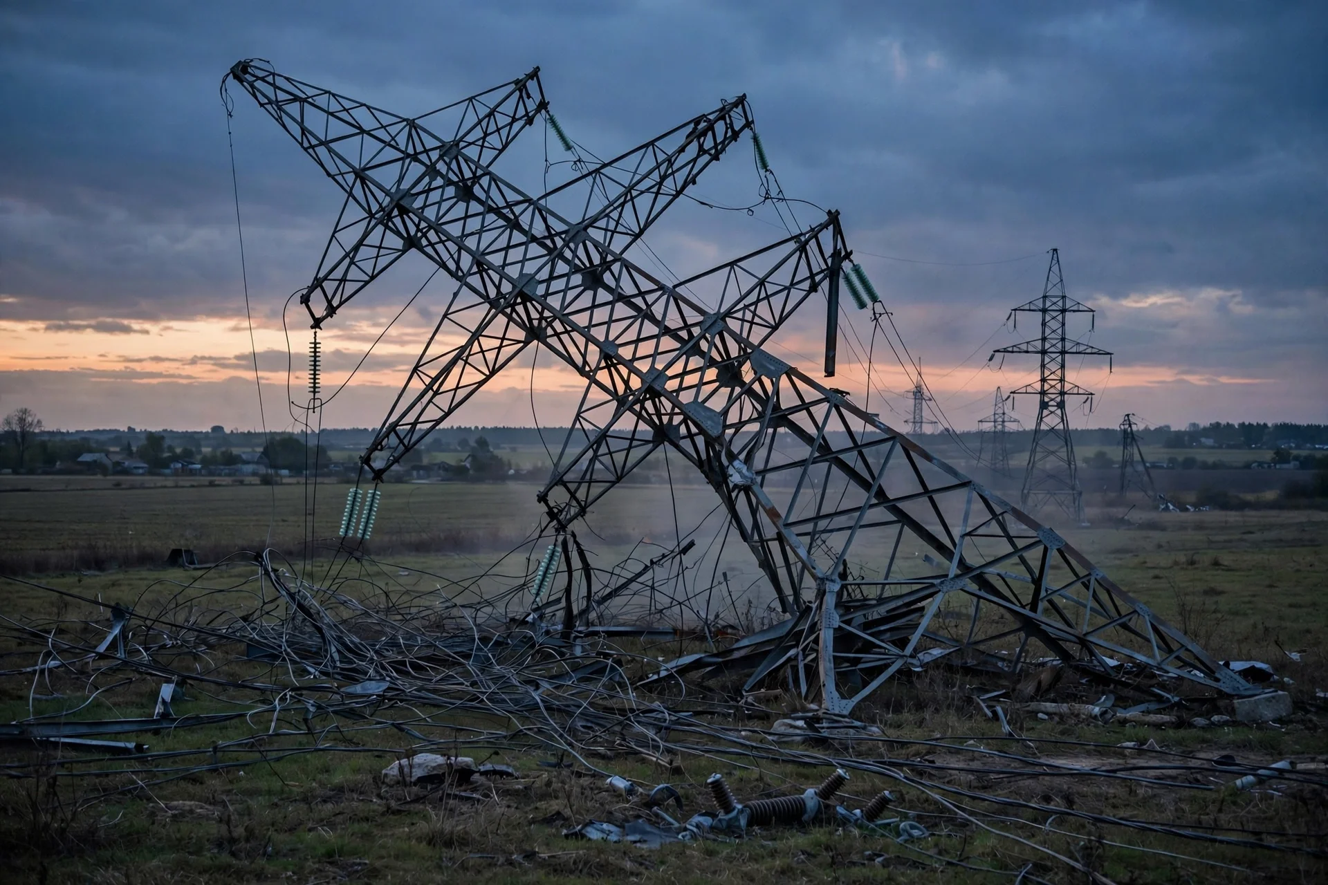 Torre de alta tensión derribada en un campo al anochecer tras un ataque contra la red eléctrica
