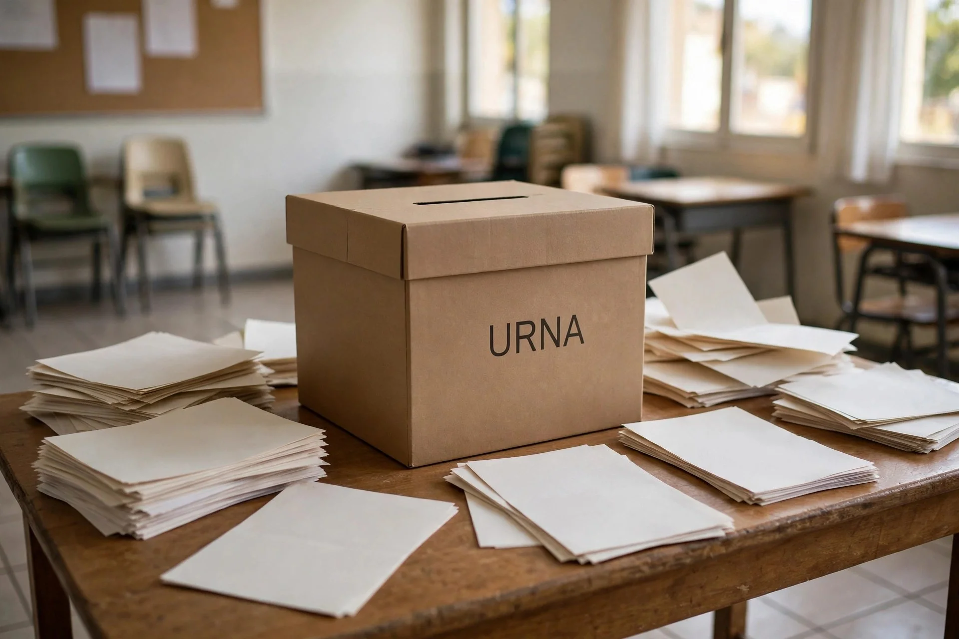 Urna electoral de cartón con la palabra urna sobre una mesa con papeletas en blanco en un aula con luz natural