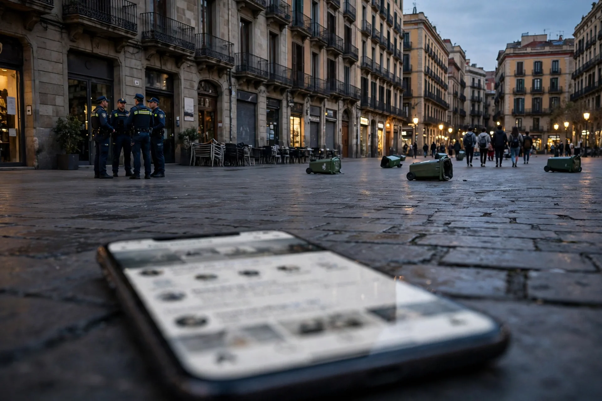 Plaza céntrica de Barcelona al anochecer con agentes de policía, contenedores volcados y un teléfono móvil en primer plano