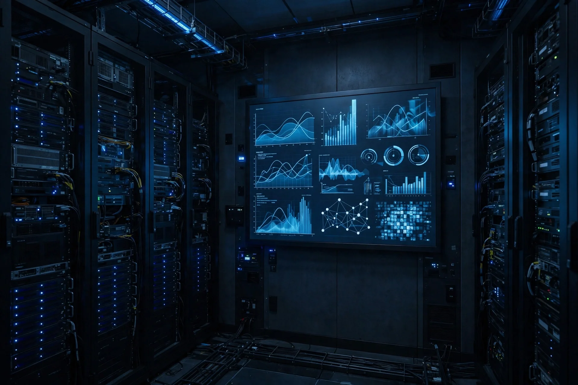 Sala de servidores oscura con bastidores a ambos lados y un gran panel de monitorización con gráficas abstractas en azul