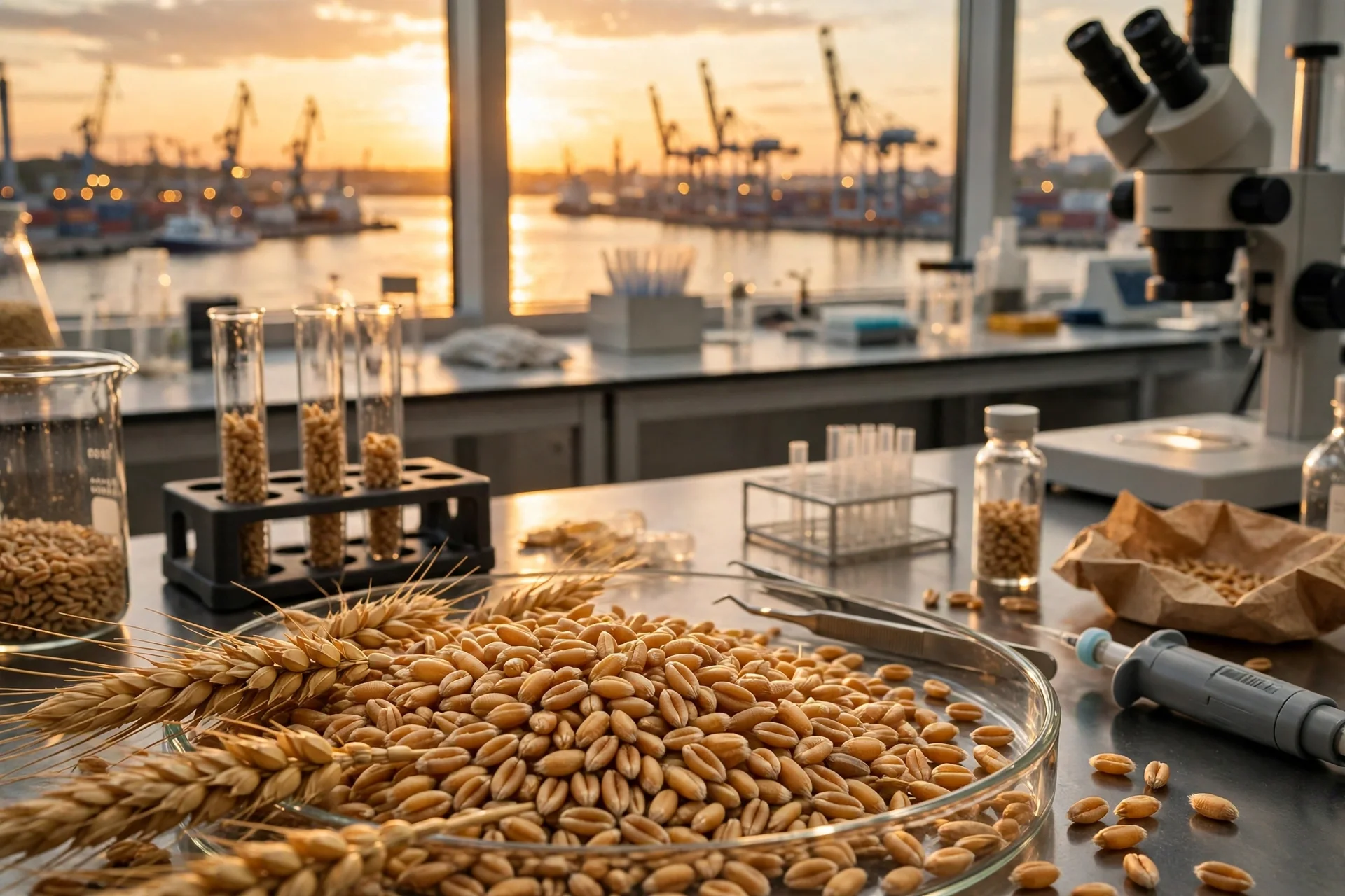 Granos de trigo dorados y espigas en una placa de laboratorio junto a tubos de ensayo y un microscopio, con un puerto báltico al atardecer al fondo