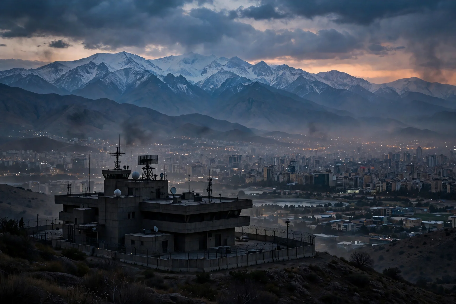Skyline de Teherán al atardecer con montañas al fondo y un edificio de mando en silueta