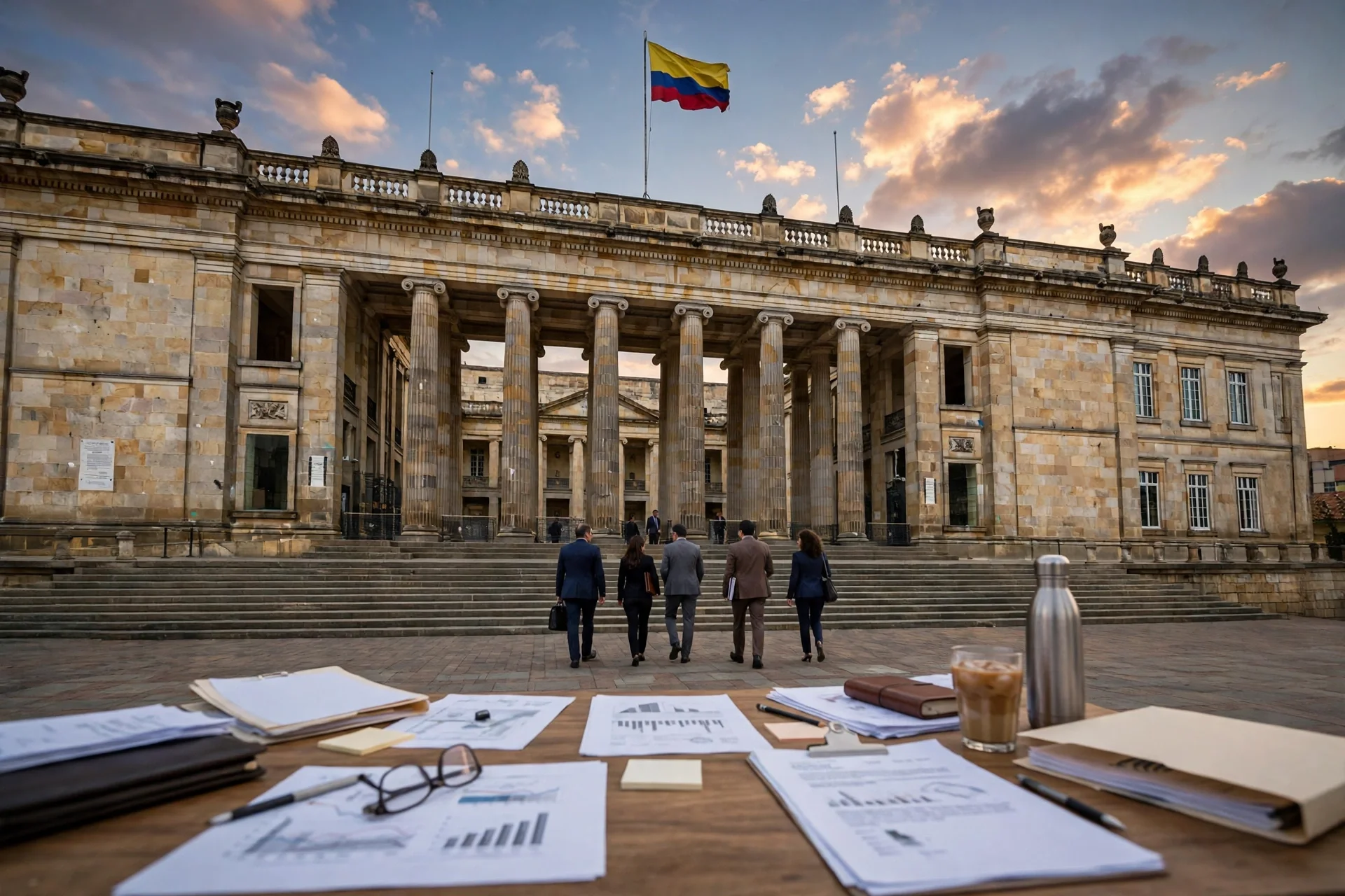 Capitolio Nacional de Colombia en Bogotá al atardecer, con su columnata de piedra, la bandera colombiana ondeando y varias personas caminando hacia la escalinata