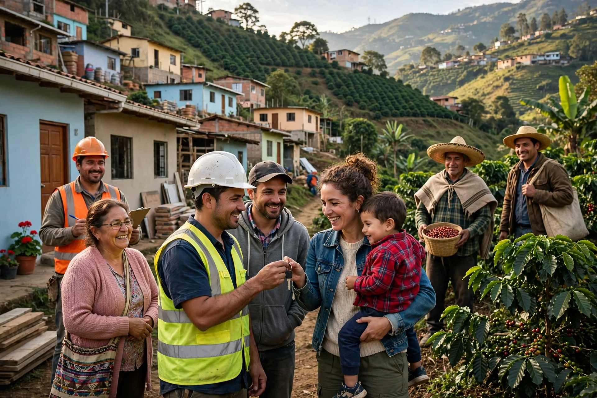 Barrio en una ladera de Pereira con viviendas rehabilitadas y cafeteros al fondo