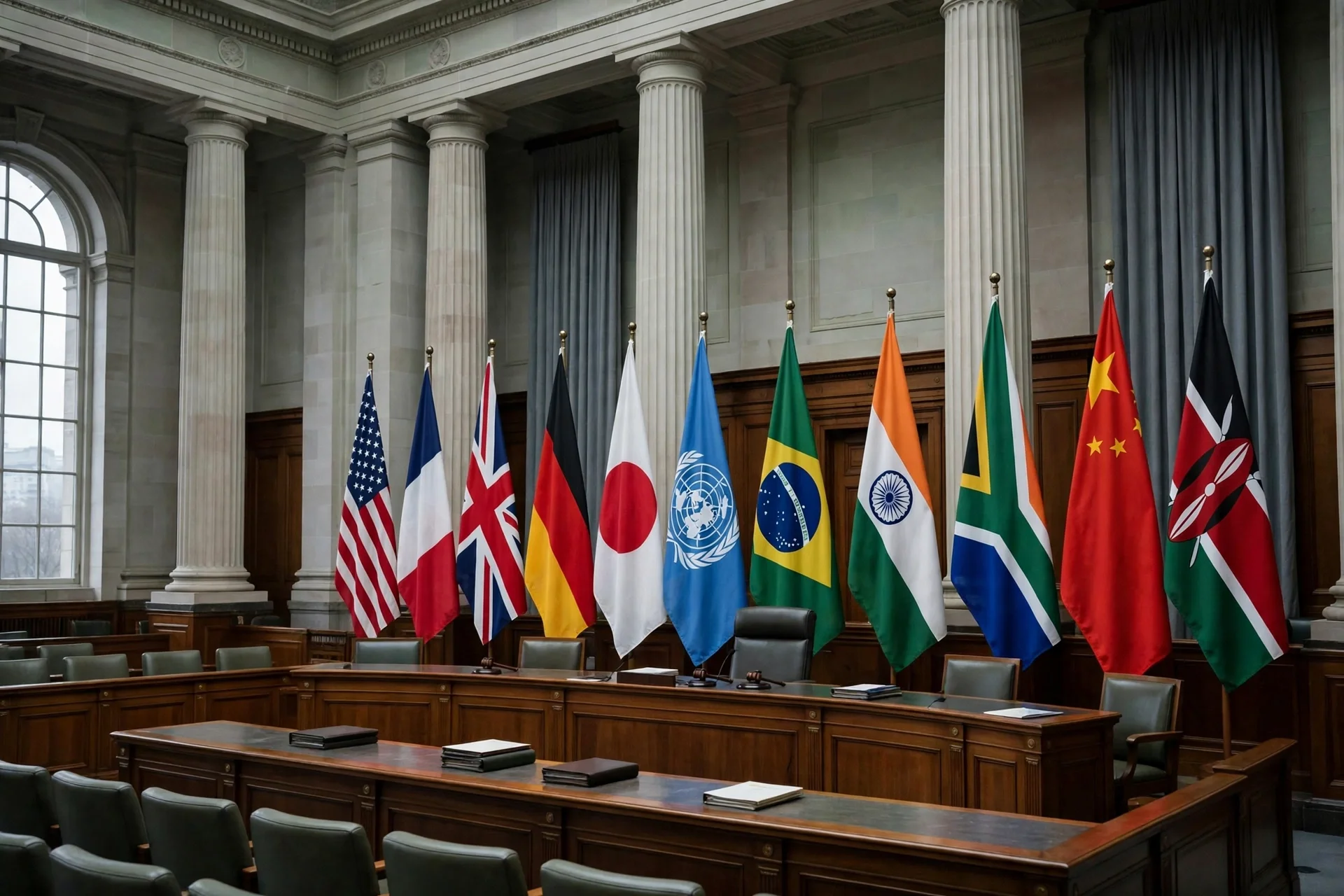 Sala solemne de un tribunal internacional con columnas clásicas, estrado de madera y banderas de varios países junto a la enseña de Naciones Unidas