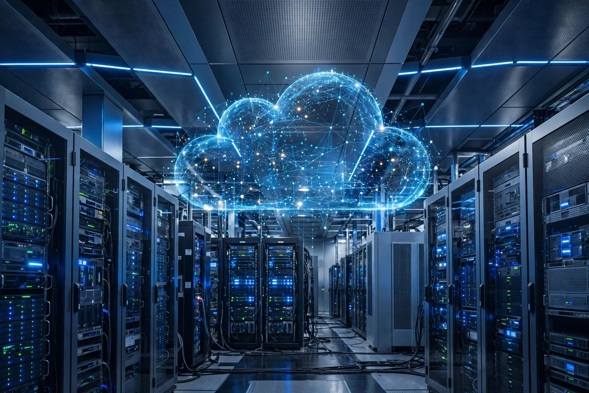 Centro de datos con servidores y una nube digital de datos sobre el pasillo central
