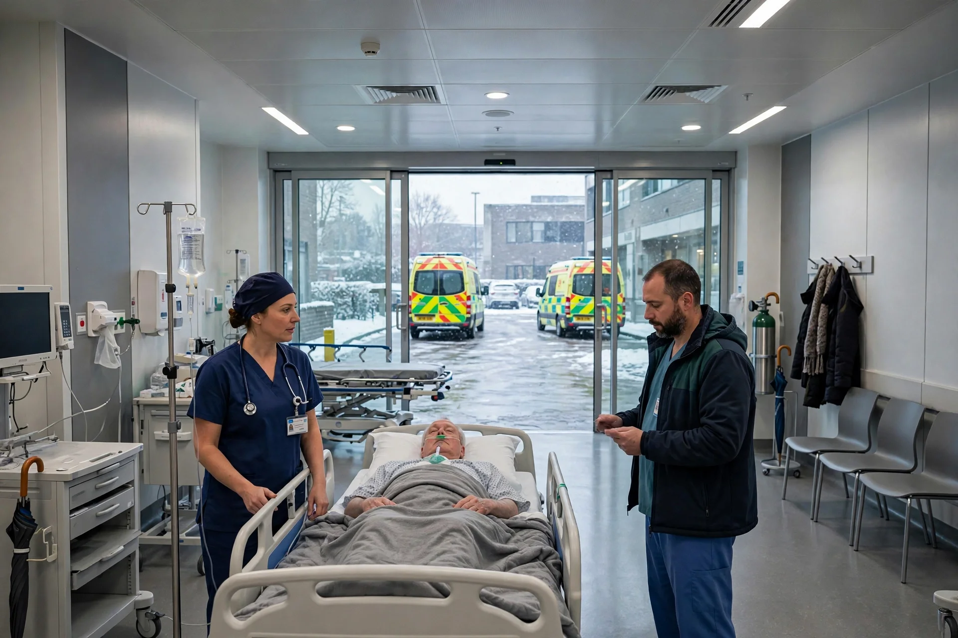 Sala de urgencias hospitalaria moderna en Inglaterra en invierno, con ambulancias en la entrada y personal sanitario atendiendo a pacientes