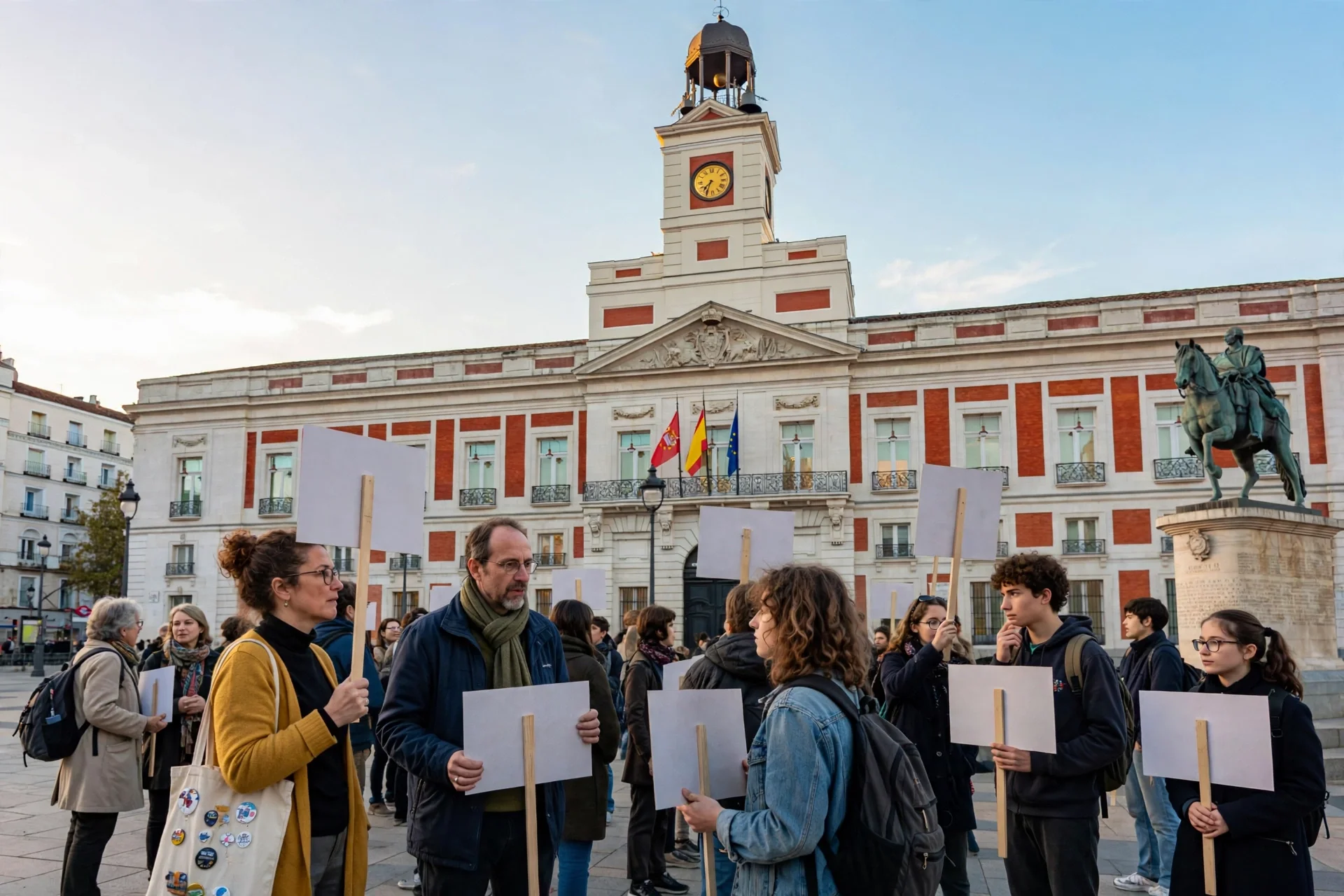 Manifestantes con pancartas en blanco frente a la Real Casa de Correos de la Puerta del Sol, en Madrid, sede de la Presidencia de la Comunidad de Madrid