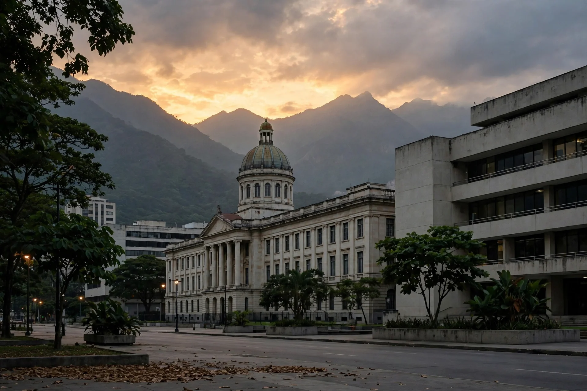 Edificios institucionales de Caracas al atardecer, en una vista sobria de fotoperiodismo sin personas identificables