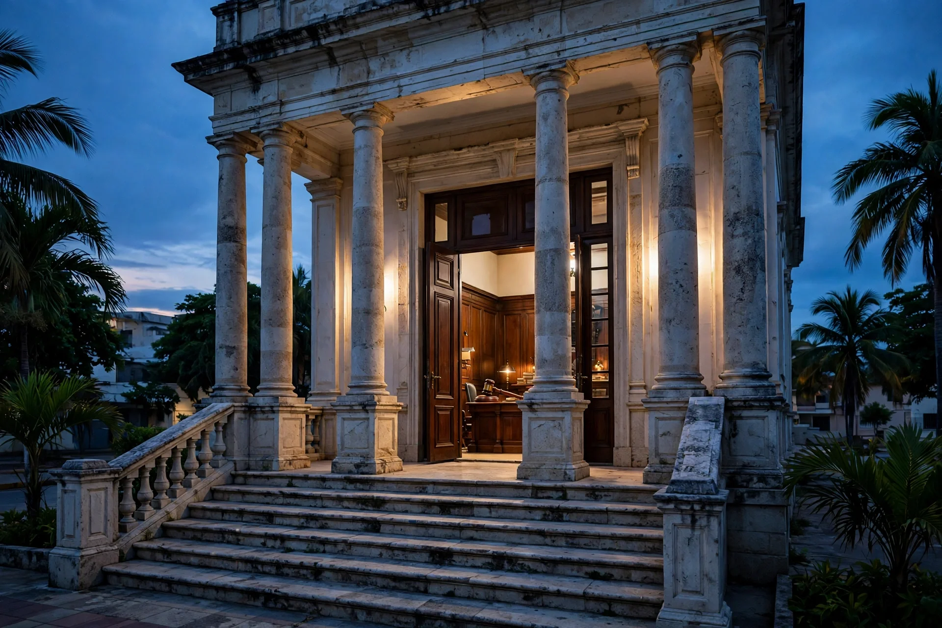 Fachada de un palacio de justicia en Santa Marta al atardecer, con columnas y escalinatas