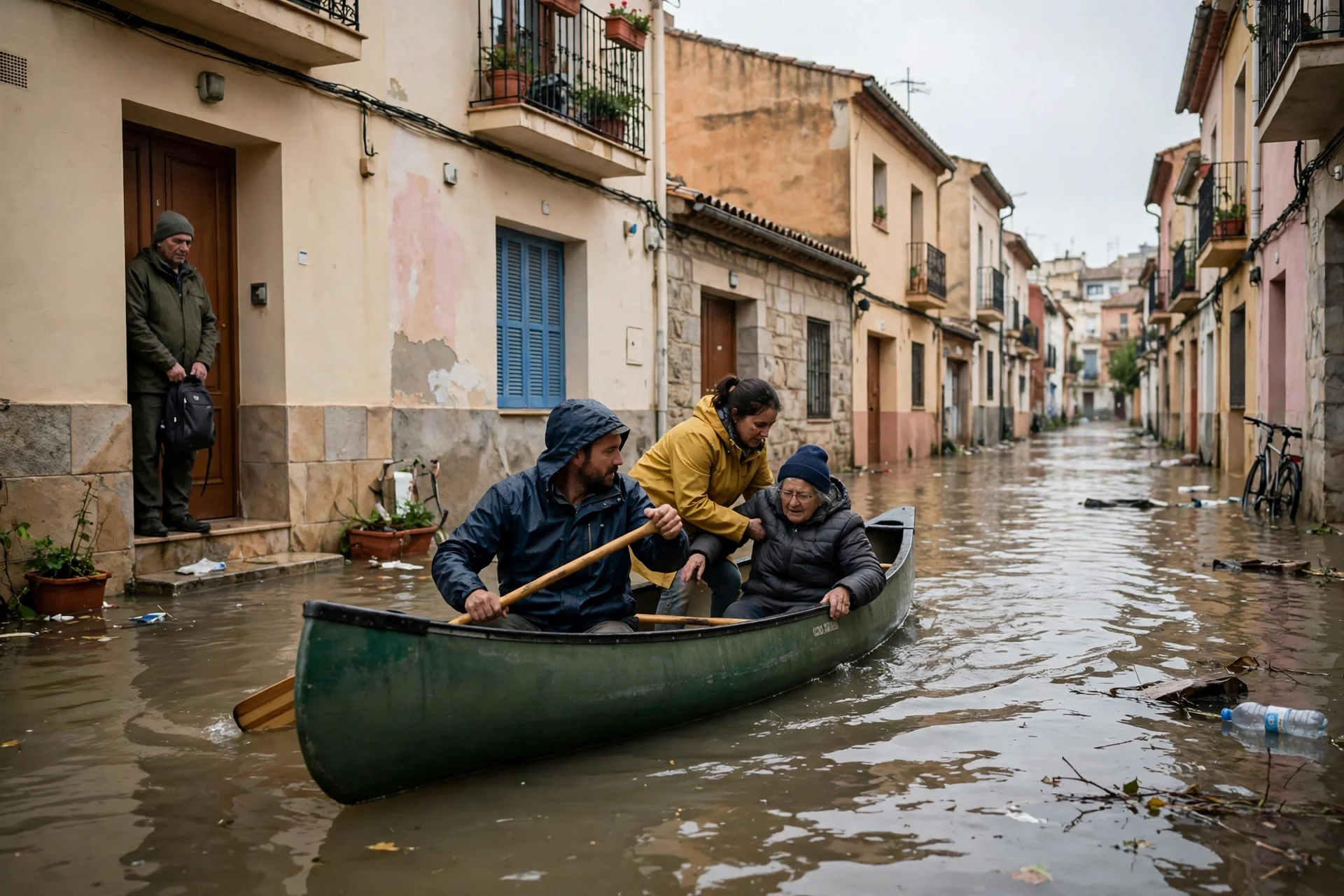 Vecinos en canoa rescatan a una mujer mayor en una calle inundada de un pueblo mediterráneo español, con el agua hasta las puertas de las casas