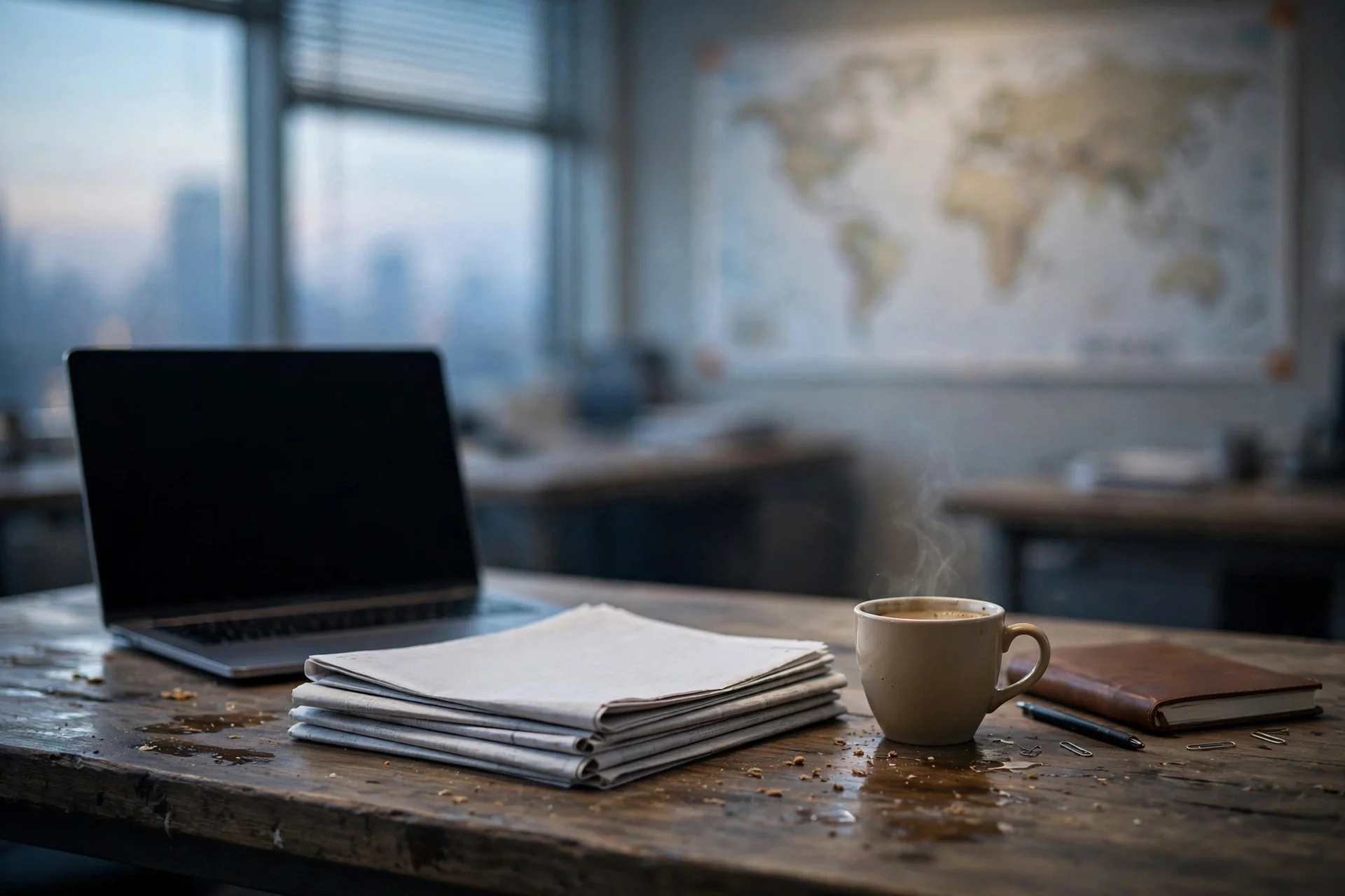 Newsroom desk at dawn with a laptop, blank newspapers, a cup of coffee and a world map on the wall