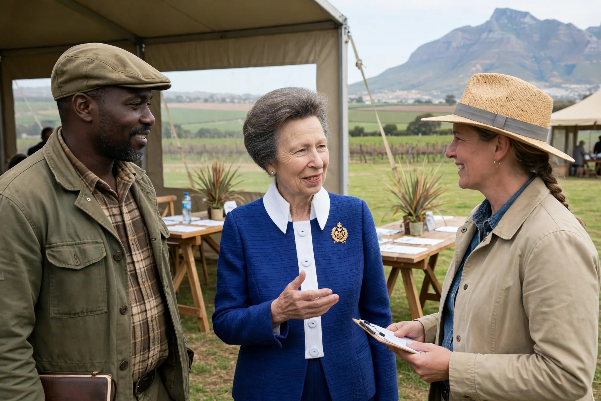 Princesa real británica conversando con agricultores en un encuentro agrícola al aire libre en Ciudad del Cabo