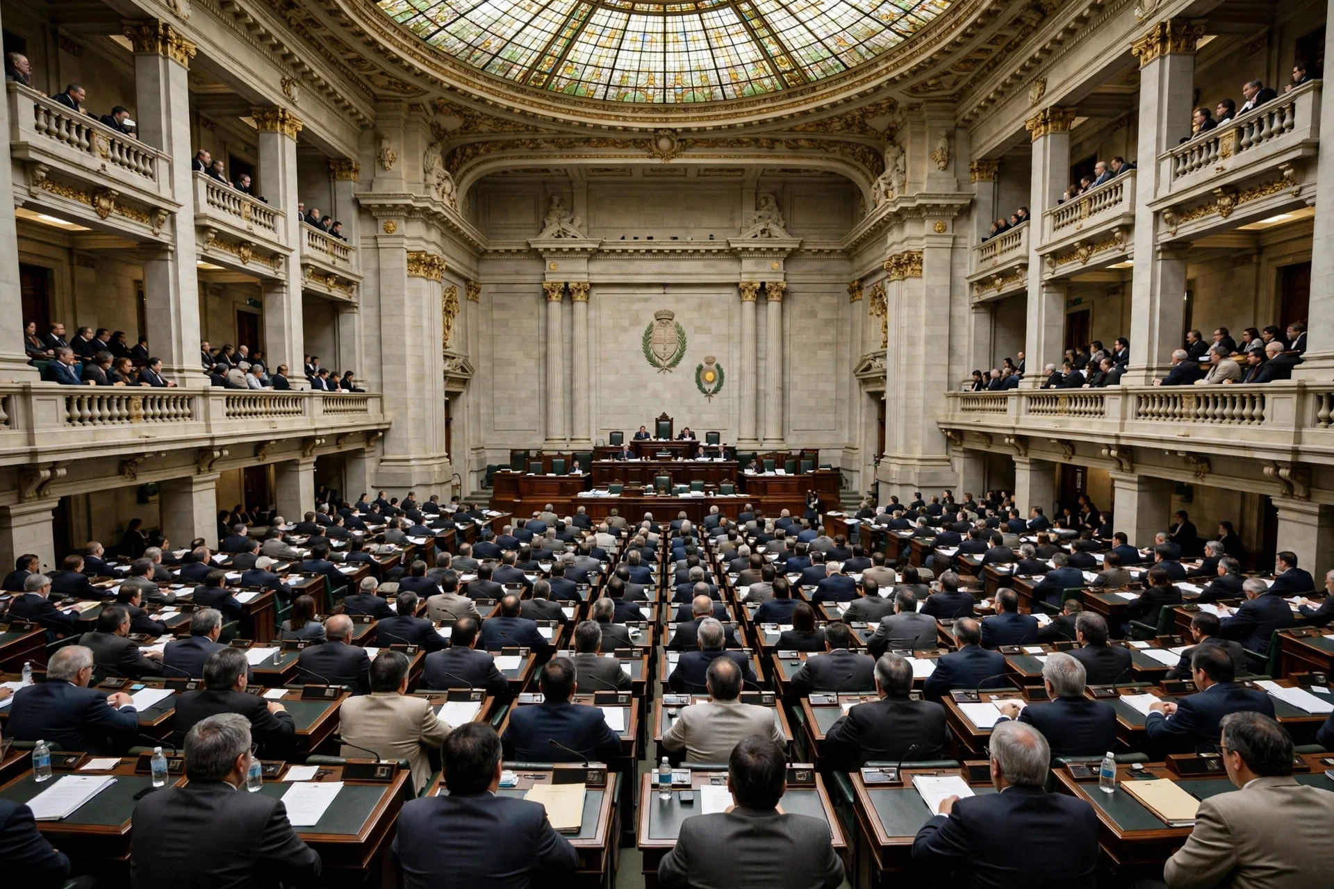 Recinto parlamentario argentino durante una sesión de votación, vista amplia desde las bancas