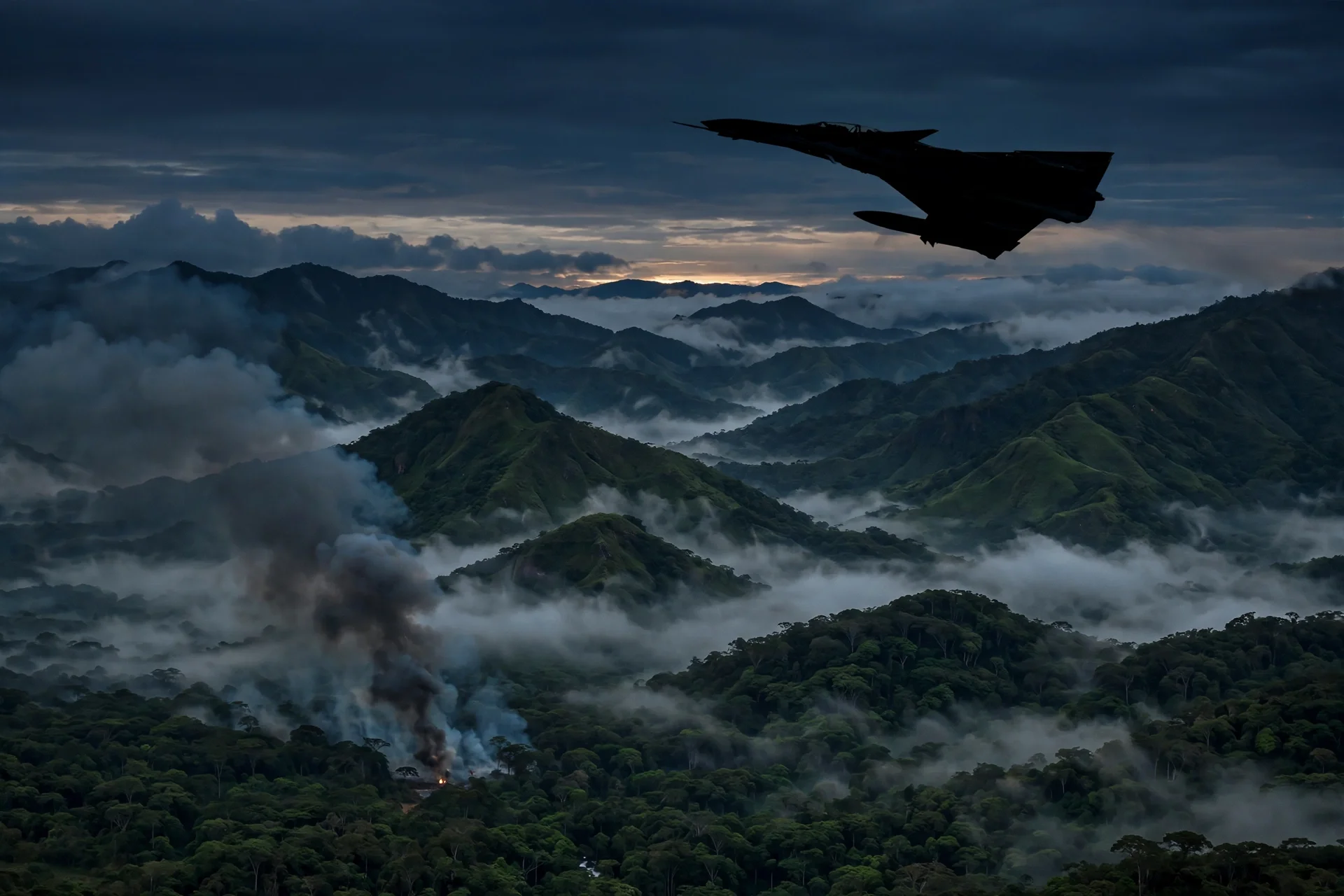 Silueta de un avión de combate sobre montañas verdes con niebla y una columna de humo al amanecer