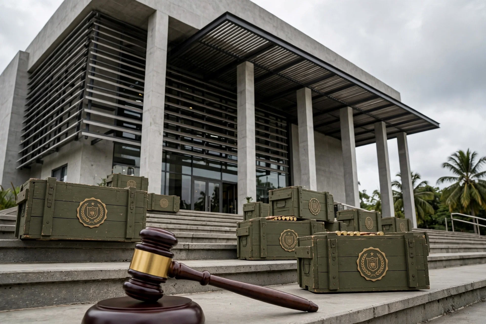 Tribunal en Santo Domingo con cajas de municiones policiales precintadas en la escalinata y un mazo judicial en primer plano