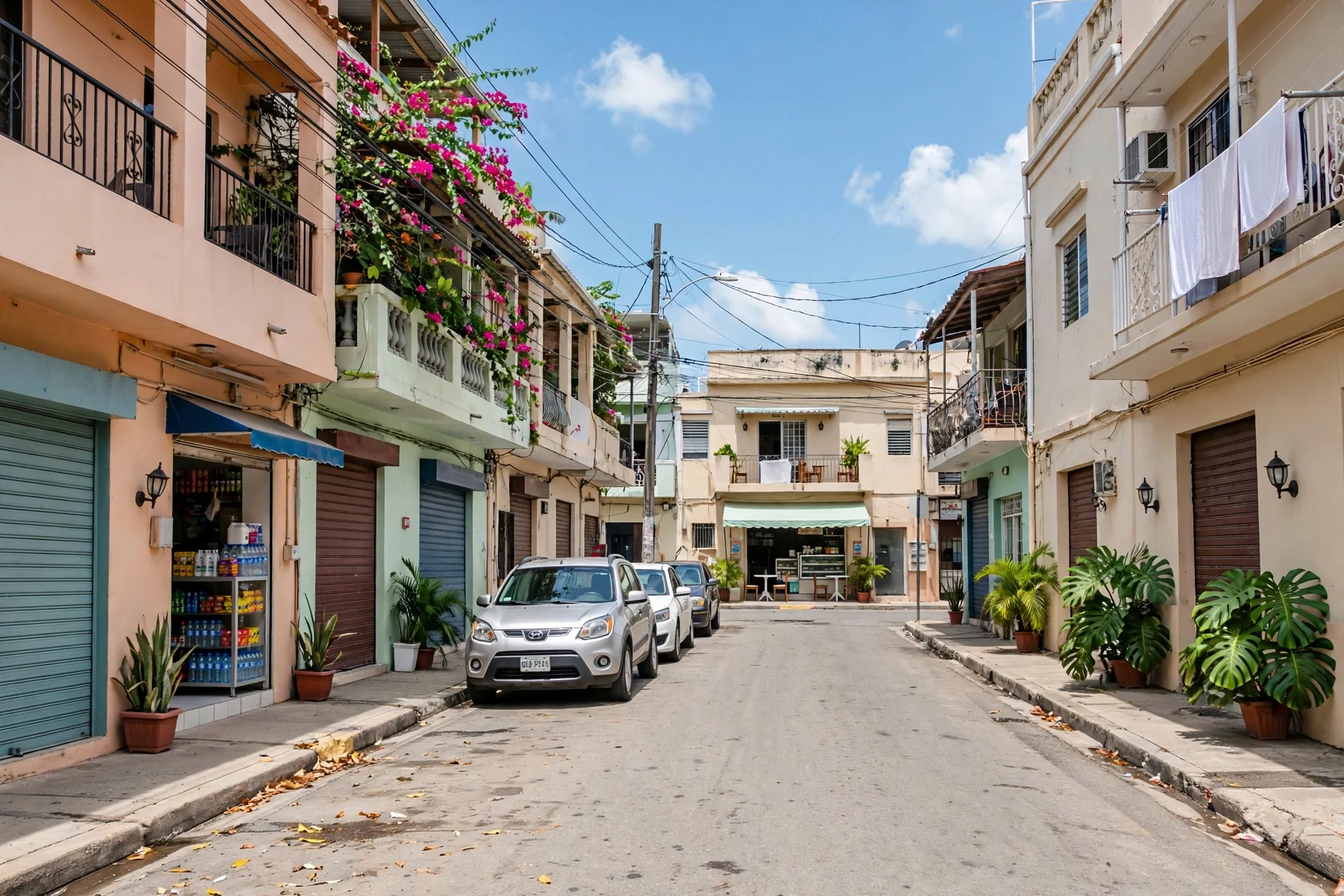 Calle residencial tranquila de día con edificios de balcones y flores rosadas, coches aparcados, un pequeño comercio a la izquierda y una cafetería con toldo verde al fondo, sin personas visibles.