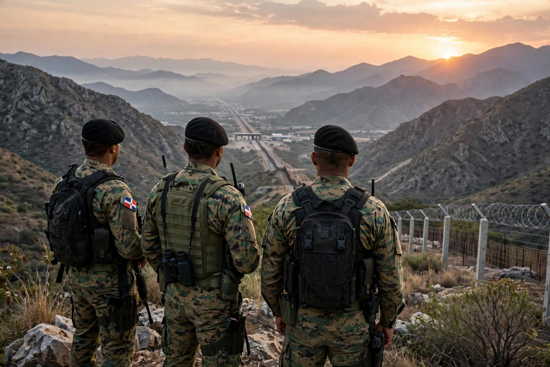 Tres soldados de espaldas con uniforme de camuflaje vigilan una valla fronteriza entre montañas al atardecer