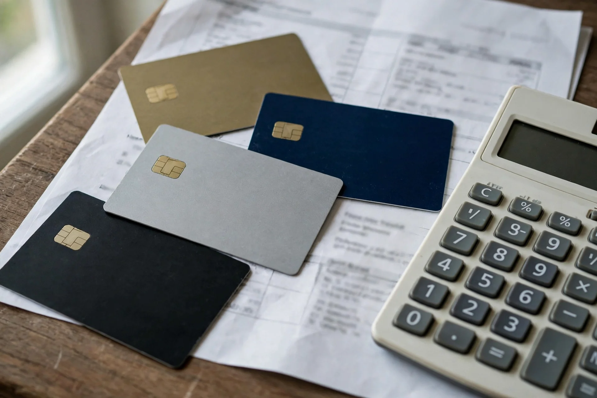 Varias tarjetas con chip sin marcas sobre estados de cuenta en papel junto a una calculadora, en primer plano sobre un escritorio