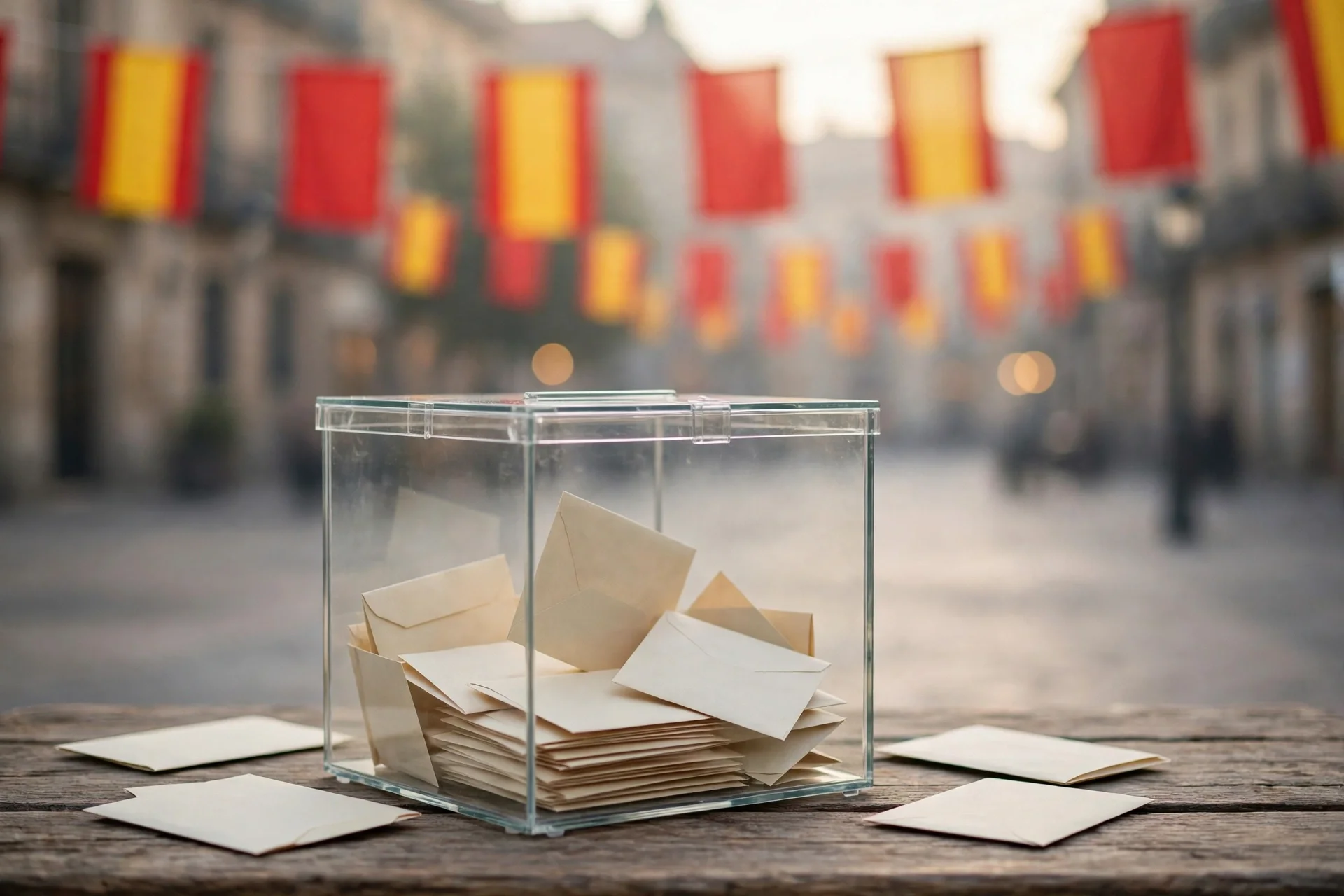 Urna electoral de cristal con sobres de voto y los colores rojo y amarillo de la bandera española difuminados al fondo