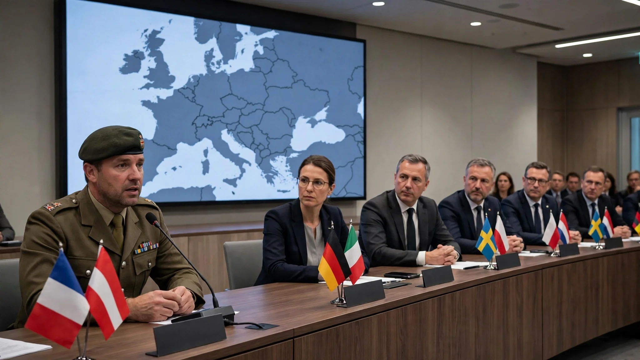 Asesor militar británico de uniforme interviene ante micrófono en una sala diplomática multilateral con banderas europeas y un mapa de Europa al fondo