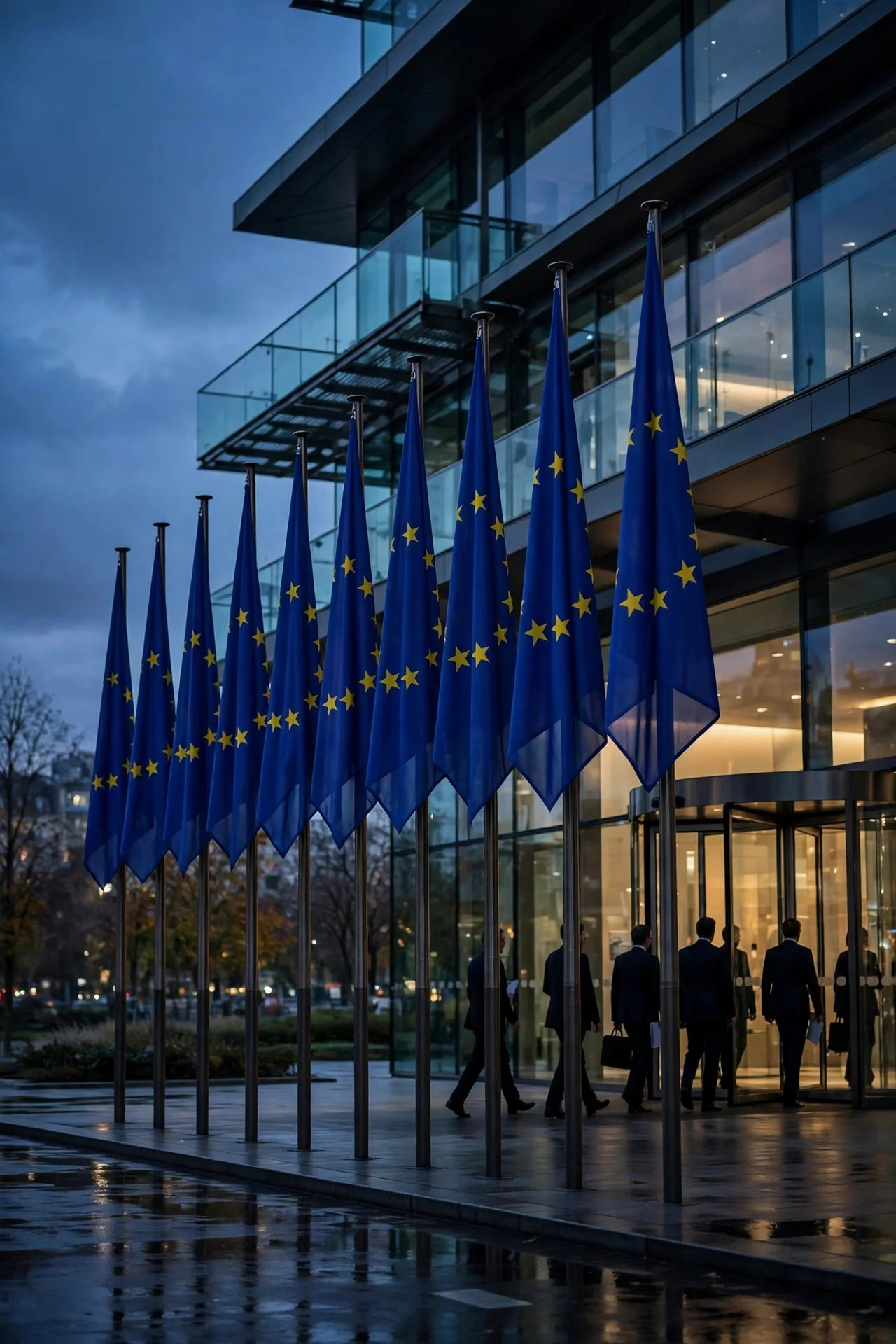 Fila de banderas de la Unión Europea frente a un edificio institucional de cristal en Bruselas al anochecer, con delegados entrando