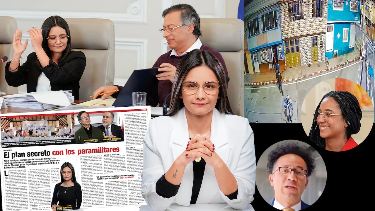Montaje editorial: Angie Rodríguez, de blazer blanco y gafas, en primer plano; detrás, Gustavo Petro en una mesa de reunión; recuadros con Juliana Guerrero y la portada «El plan secreto con los paramilitares»