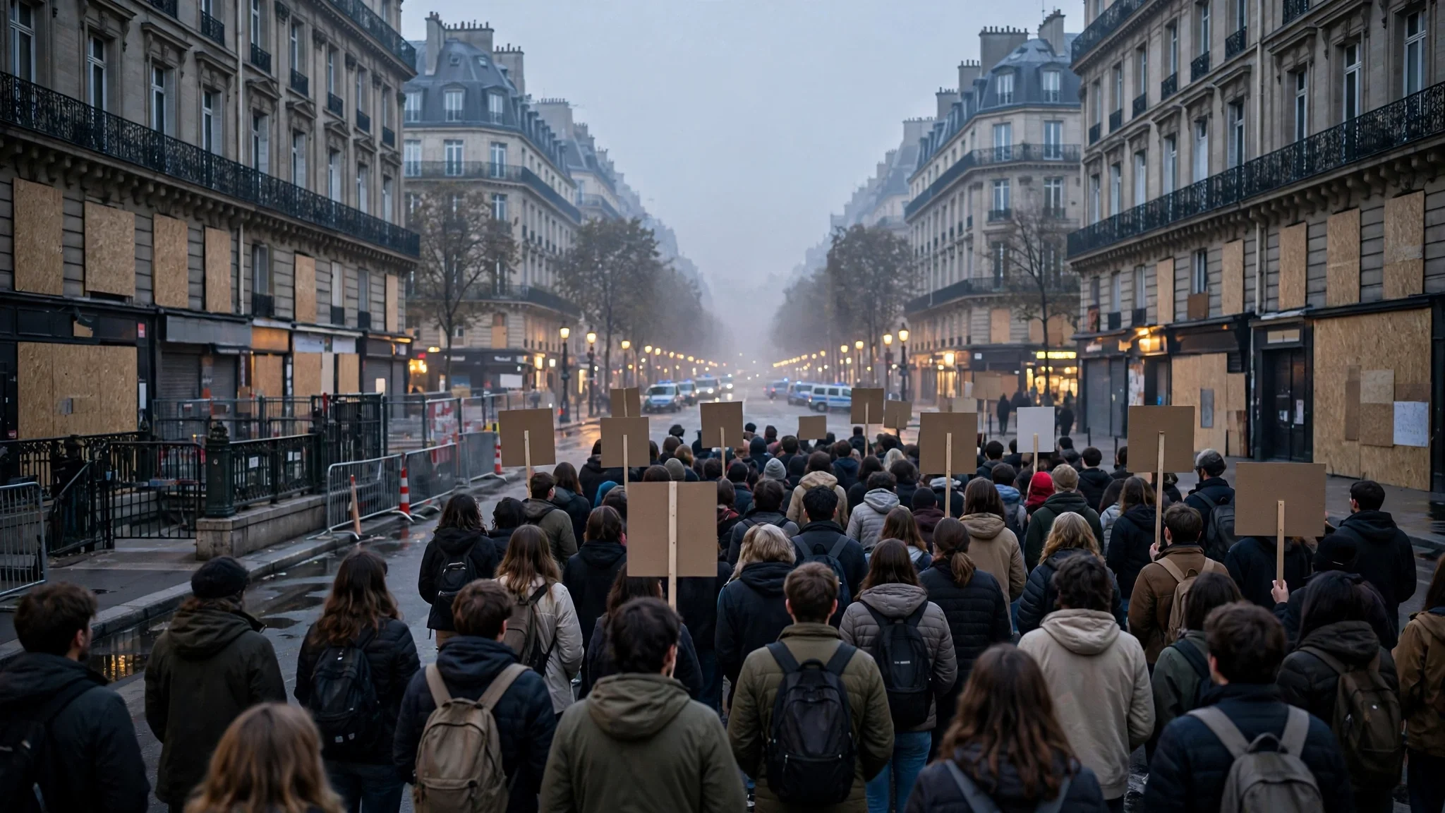 Multitud de jóvenes manifestantes de espaldas con pancartas en blanco en un bulevar de París con comercios protegidos con paneles