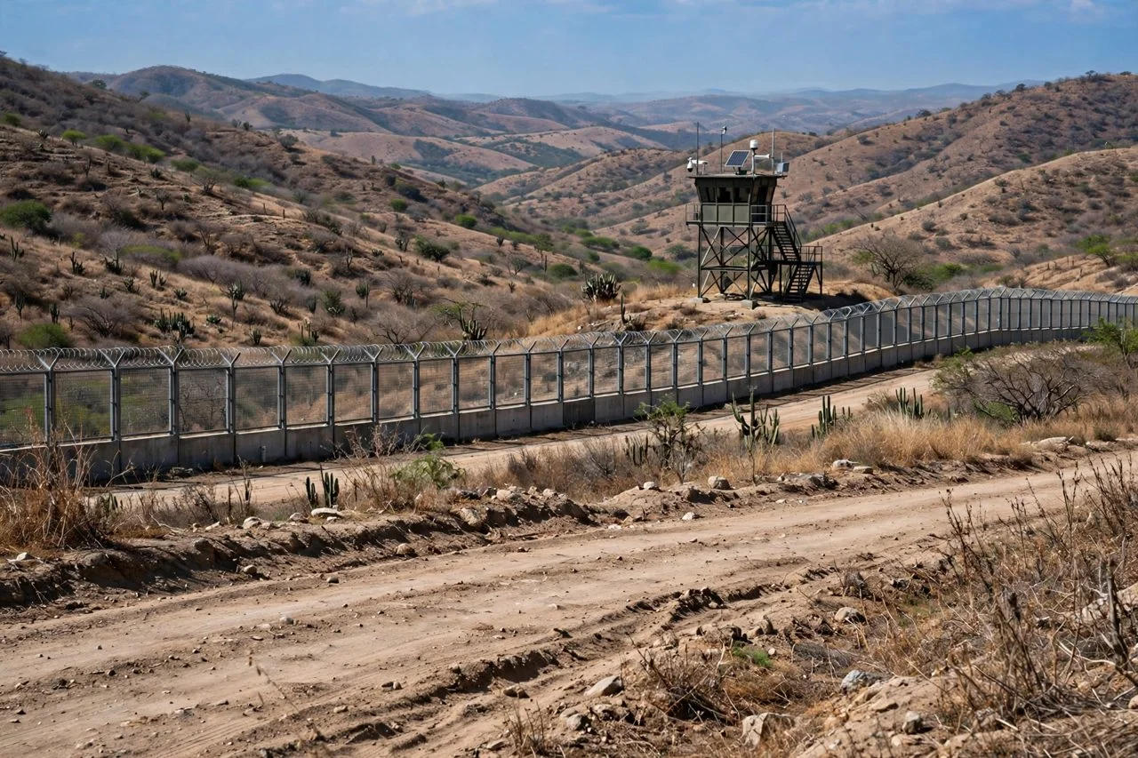 Valla fronteriza con concertina y torre de vigilancia en colinas secas junto a un camino de tierra en la frontera