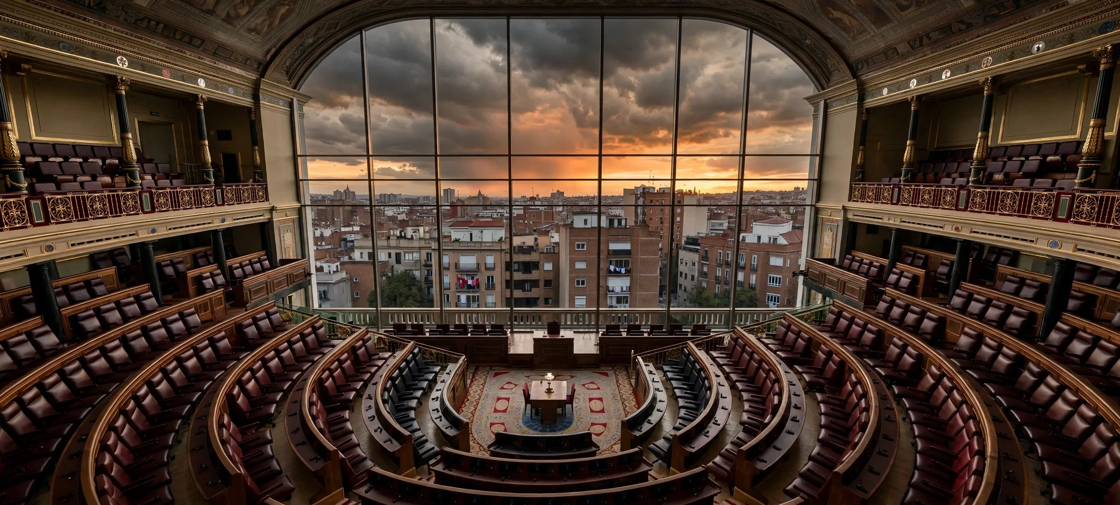 Hemiciclo del Congreso de los Diputados con bloques de viviendas al atardecer al fondo