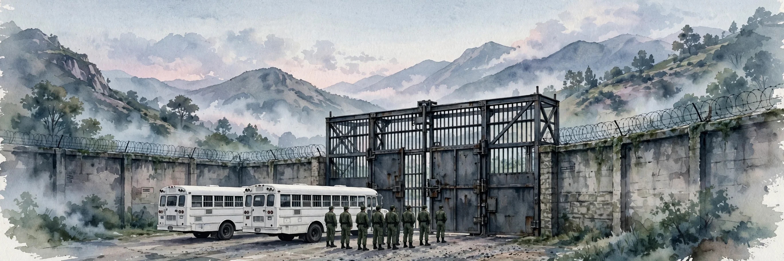 Ilustración editorial en acuarela de un portón penitenciario con dos buses blancos de traslado y guardias en formación frente a montañas