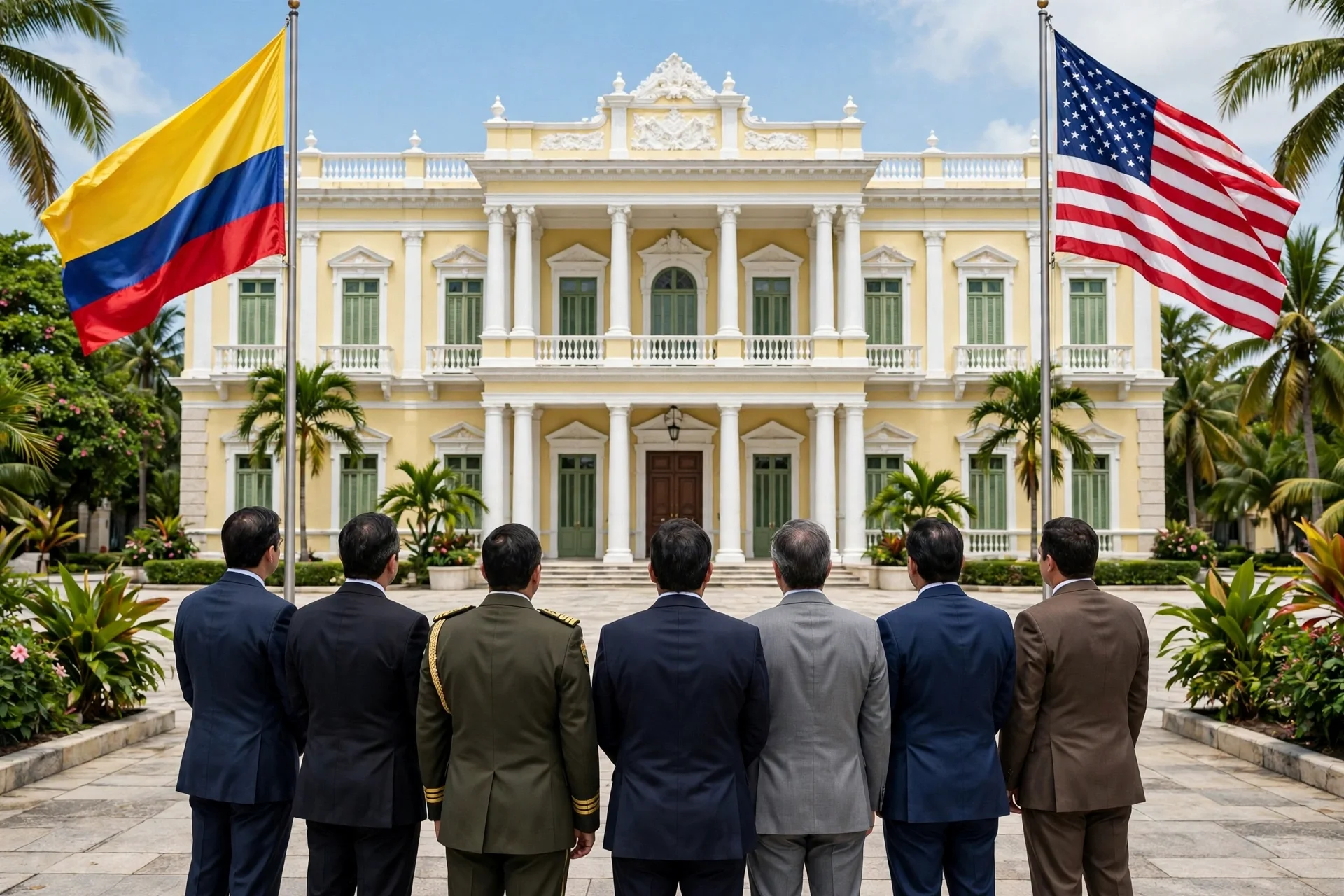 Comitiva oficial de espaldas frente a un palacio presidencial caribeño, con banderas de Colombia y Estados Unidos a ambos lados