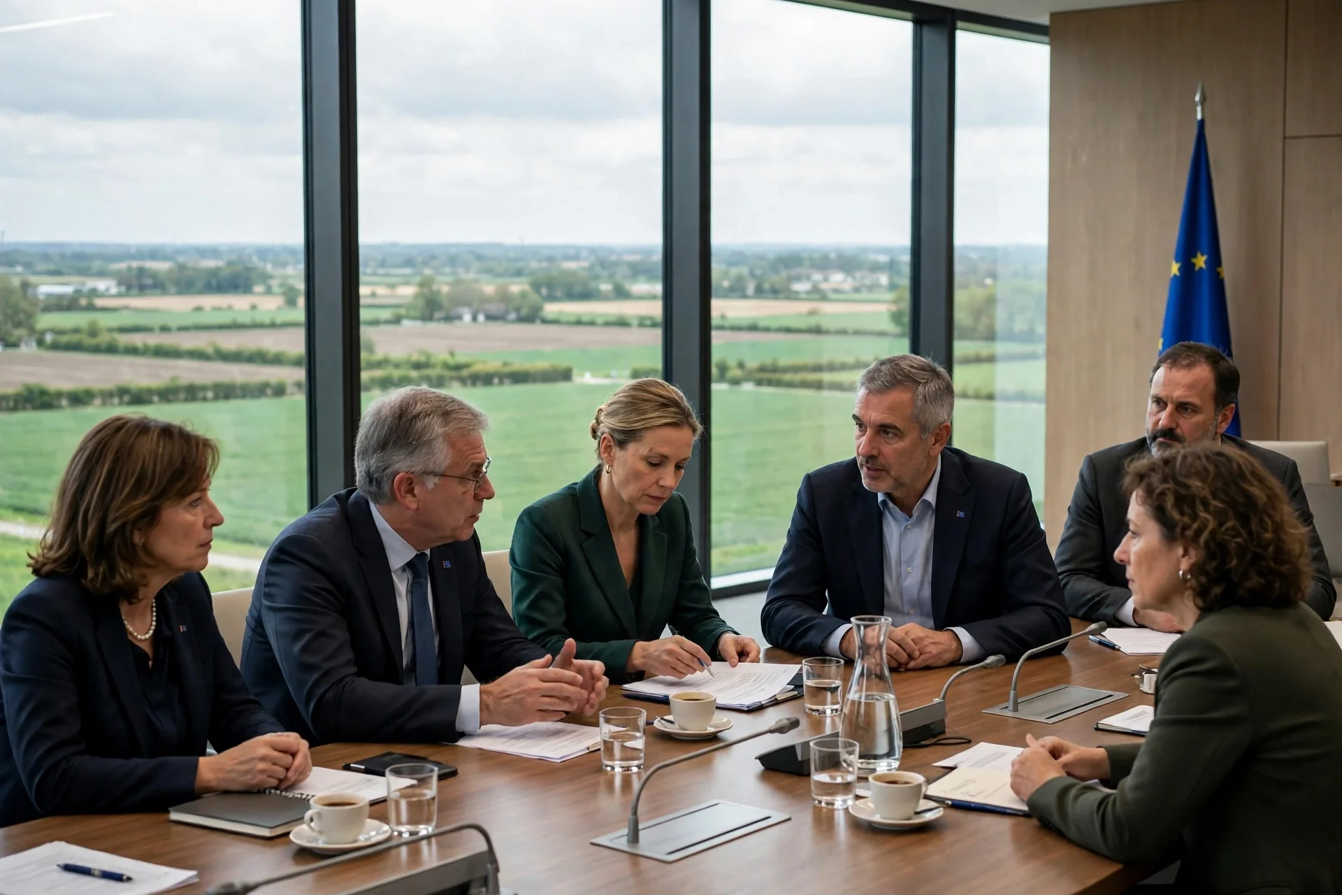European ministers meeting at a conference table overlooking green farmland