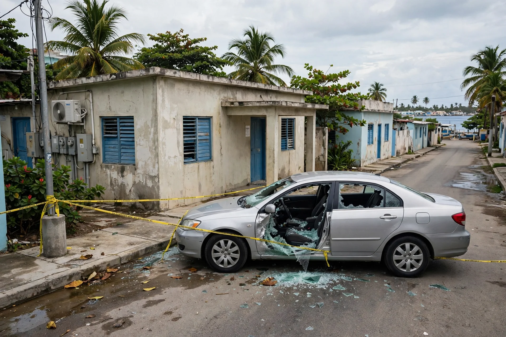 Automóvil plateado con los cristales rotos y cinta policial en una calle costera de Samaná