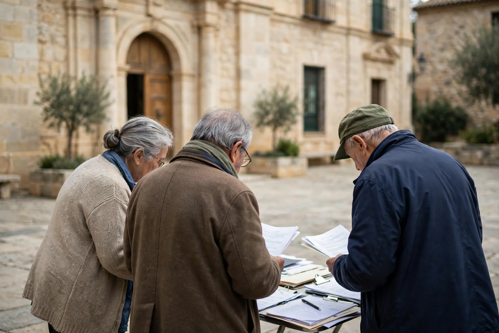 Personas mayores revisan documentos de pensiones ante un edificio institucional español de piedra