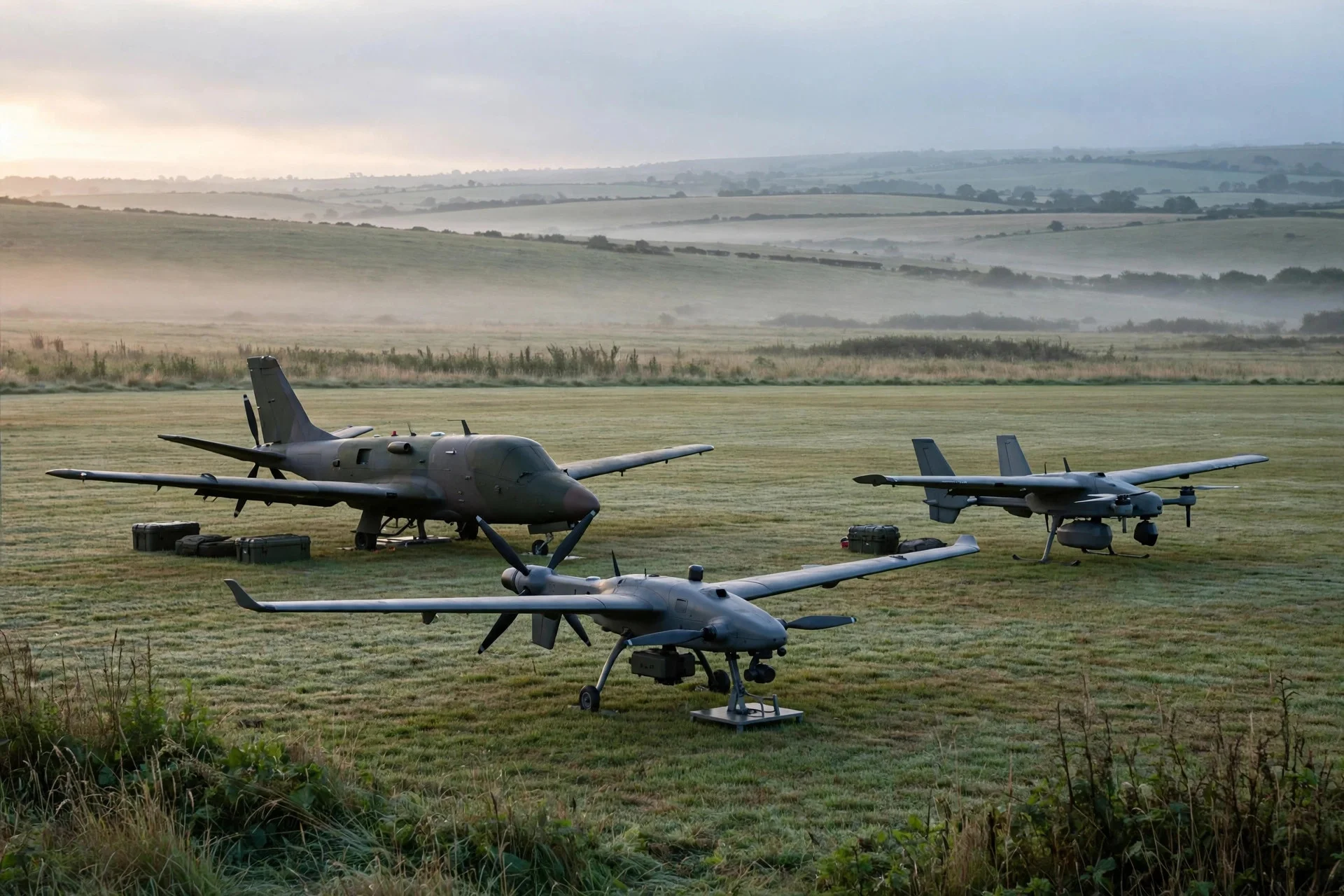 Drones militares en exhibición sobre una planicie británica al amanecer, con sistemas no tripulados alineados en una pista de hierba