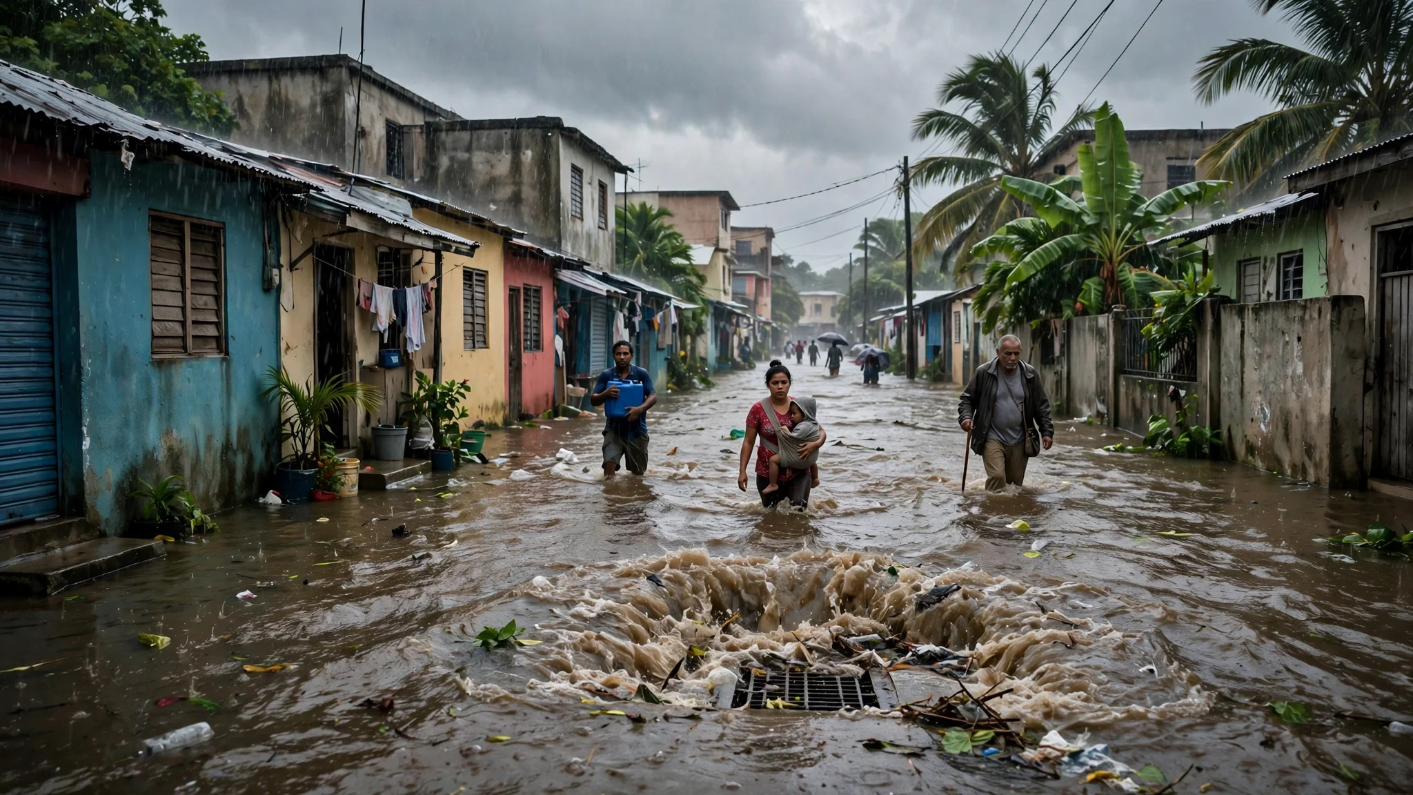 Calle residencial caribeña inundada bajo la lluvia, con vecinos caminando entre el agua y un drenaje desbordado en primer plano