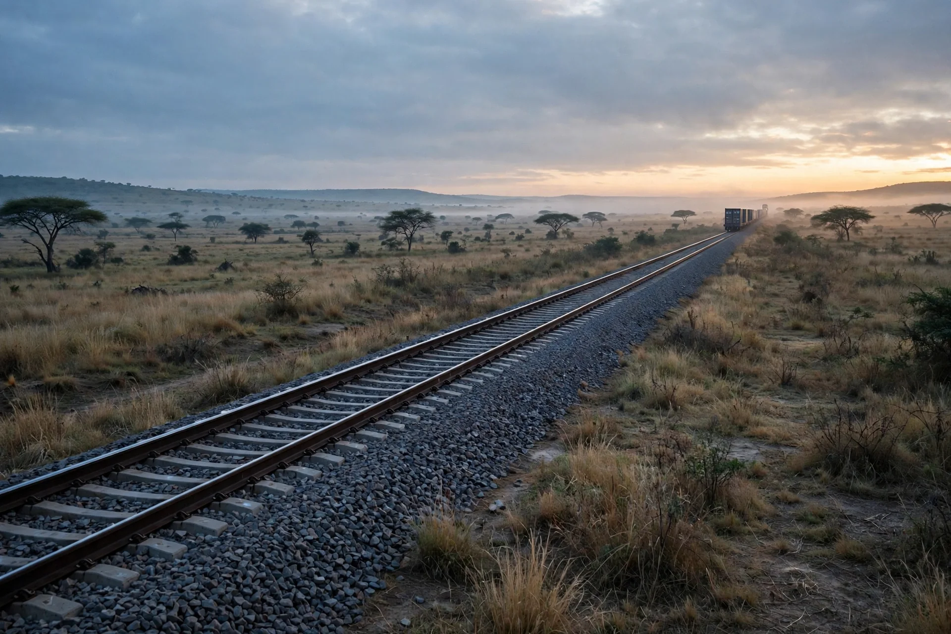 Una vía férrea recta cruza una sabana seca con acacias dispersas al amanecer, con niebla baja sobre el terreno y un tren de mercancías con contenedores a lo lejos en el horizonte