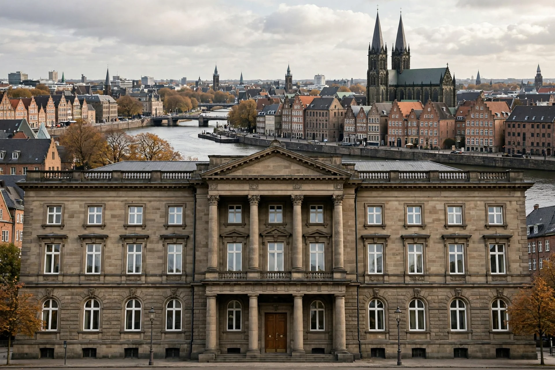 Fachada institucional de piedra frente al río, con el casco histórico y las torres de Bremen al fondo