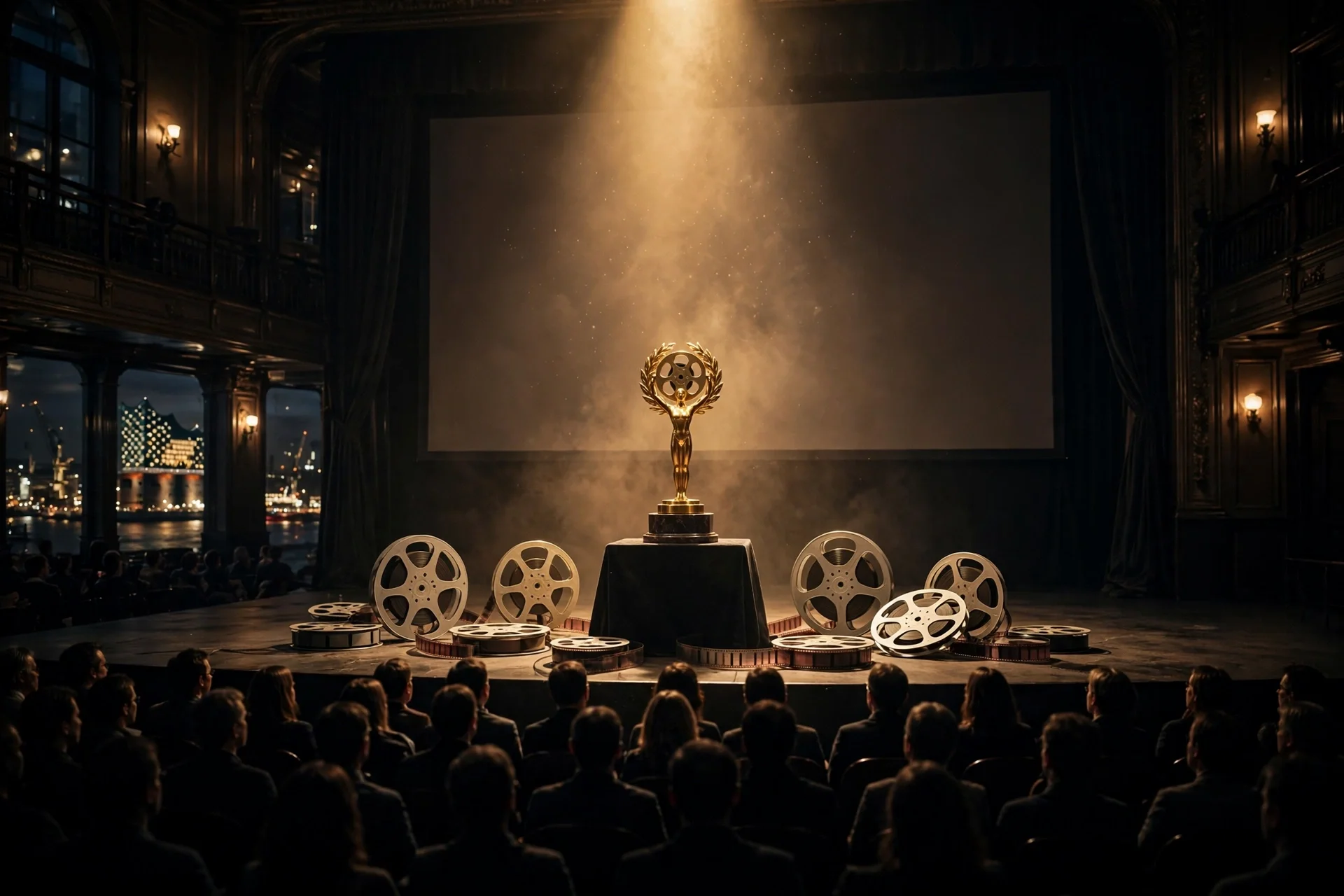 Ceremonia de entrega de un premio de cortometraje alemán con estatuilla dorada y pantalla de cine