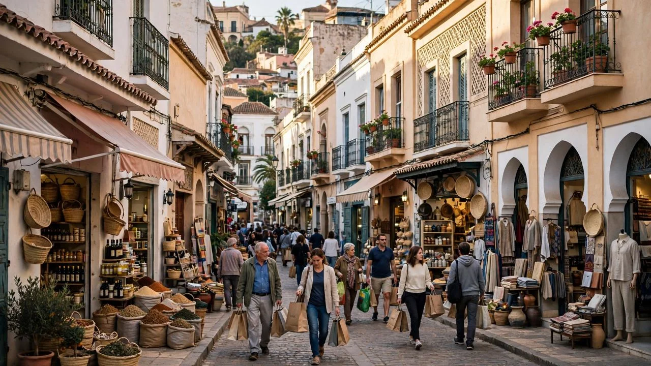 Calle comercial mediterránea de Ceuta con tiendas locales y compradores con bolsas paseando entre escaparates