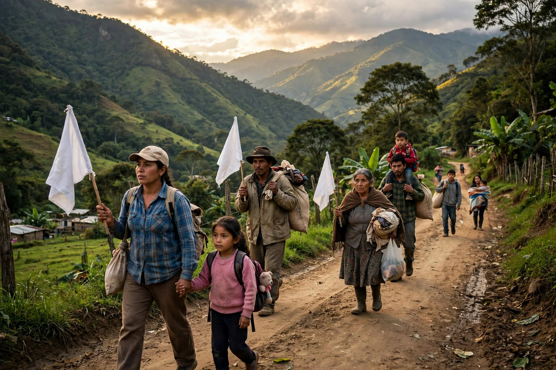 Familias rurales caminando por un sendero montañoso con banderas blancas y bultos al hombro.