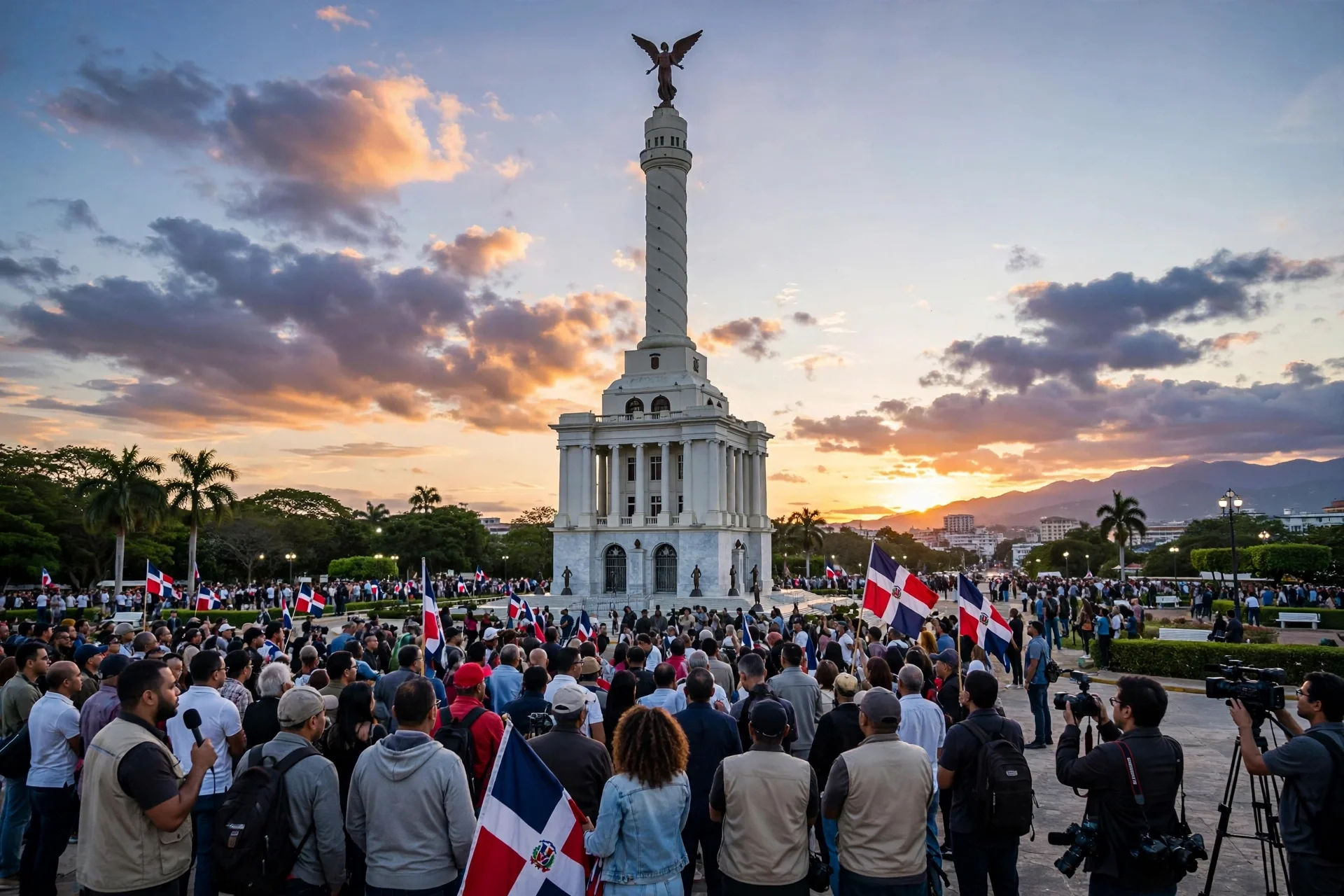 Multitud reunida al atardecer frente al Monumento a los Héroes de la Restauración en Santiago, con banderas dominicanas.