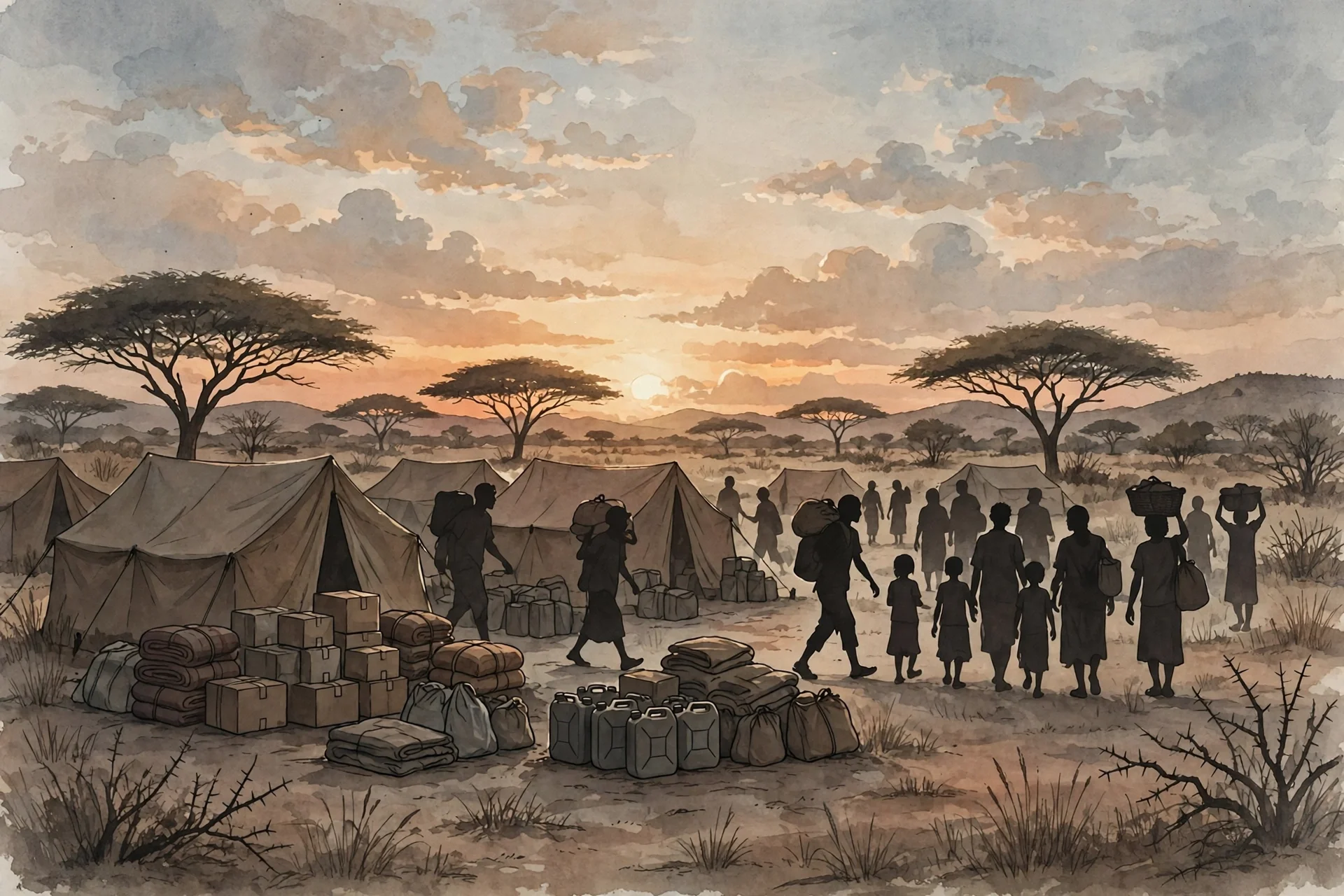 Watercolor illustration of a humanitarian aid camp with tents and supplies, silhouettes of displaced civilians at sunset among Sahel acacia trees