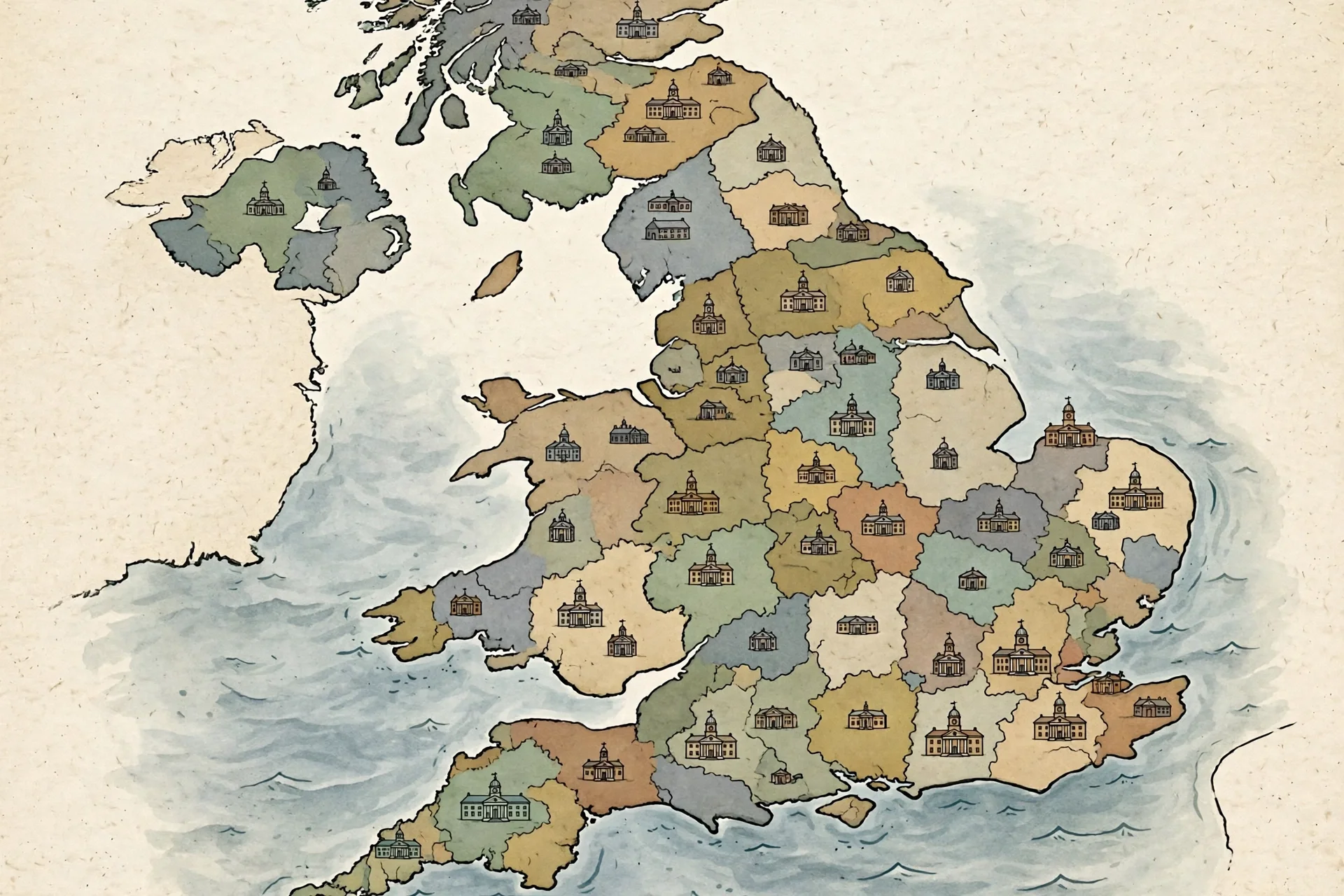 Mapa estilizado en acuarela de los condados de Inglaterra con pequeños edificios de ayuntamiento sobre cada zona, sin texto ni personas.