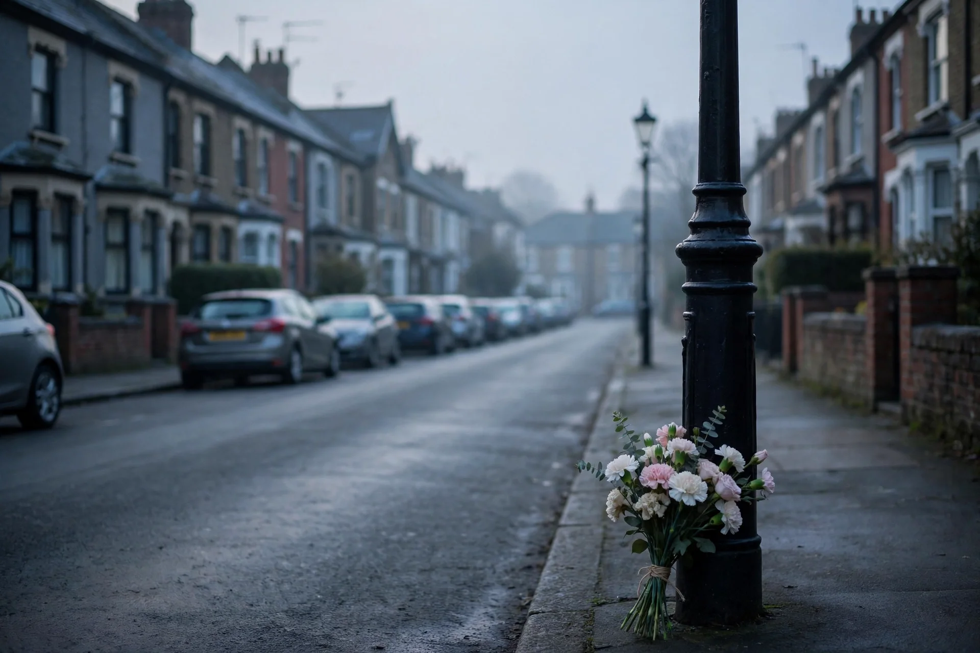 Calle residencial británica en silencio con un ramo de flores junto a una farola