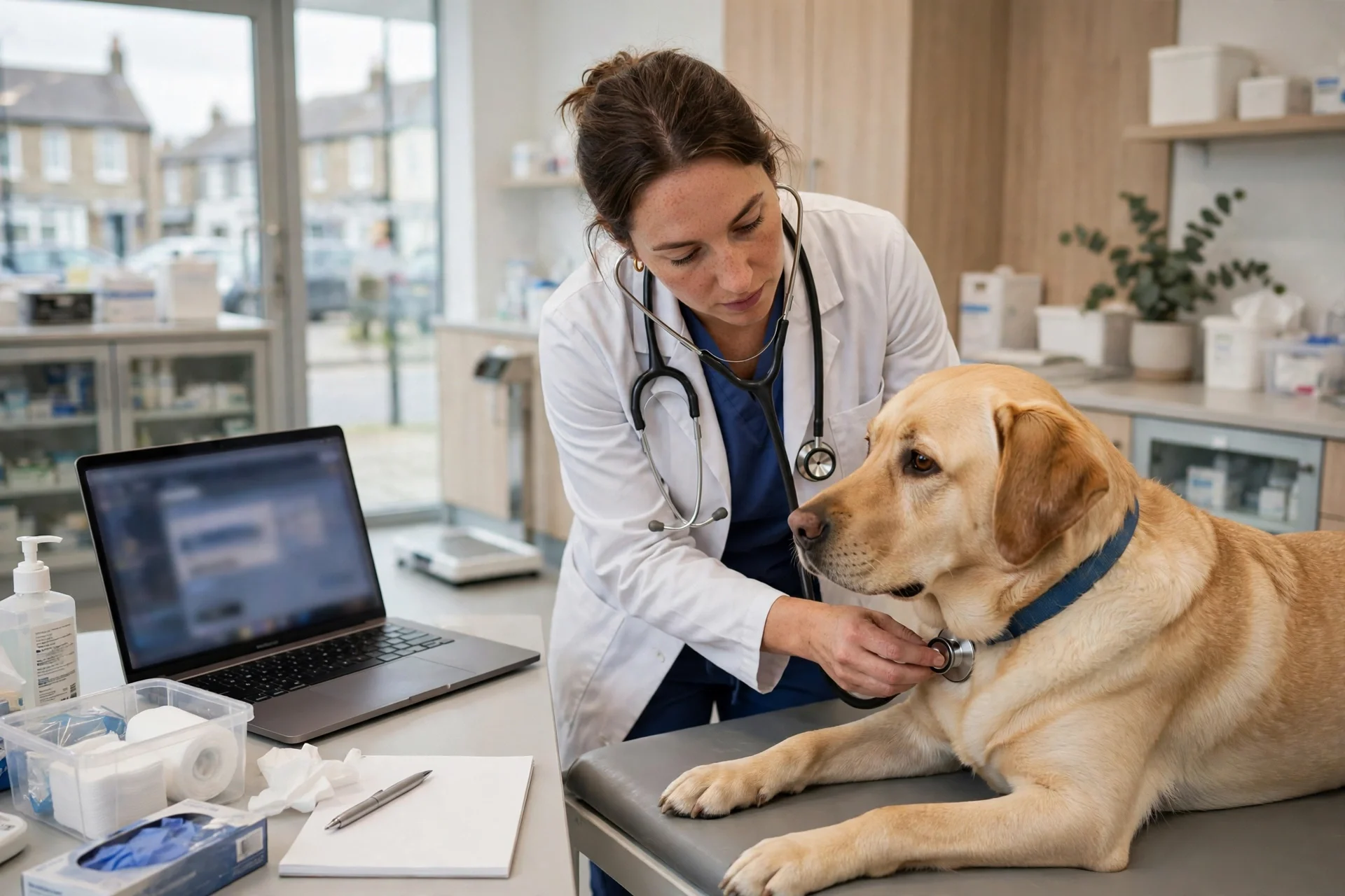 Una veterinaria examina a un perro en una clínica moderna mientras un ordenador portátil muestra una farmacia en línea